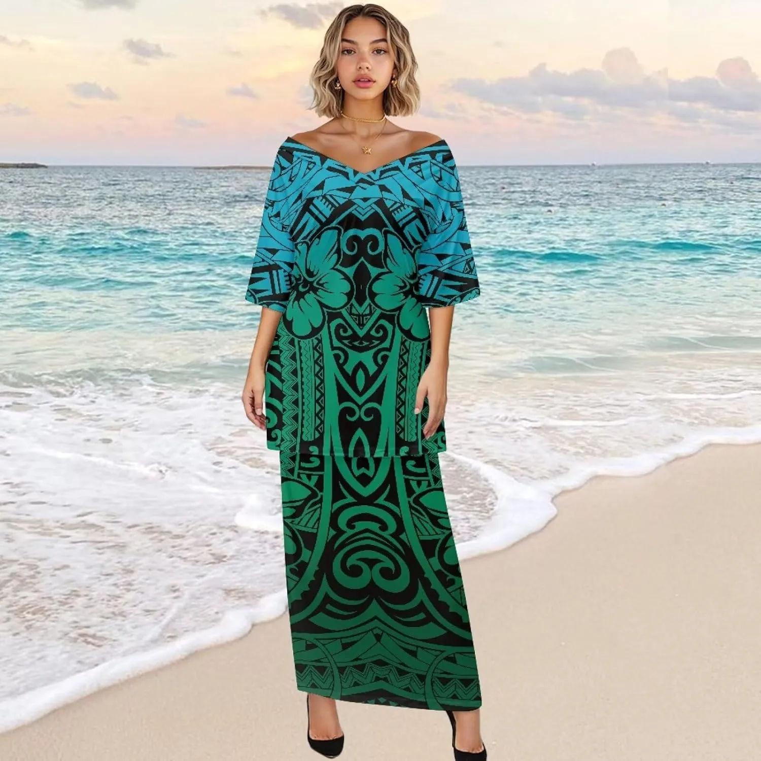 2025 Polynesian Tribal Design Samoan Puletasi Set Ptaha Plus Size Women's Top and Skirts Two Piece Set Dress