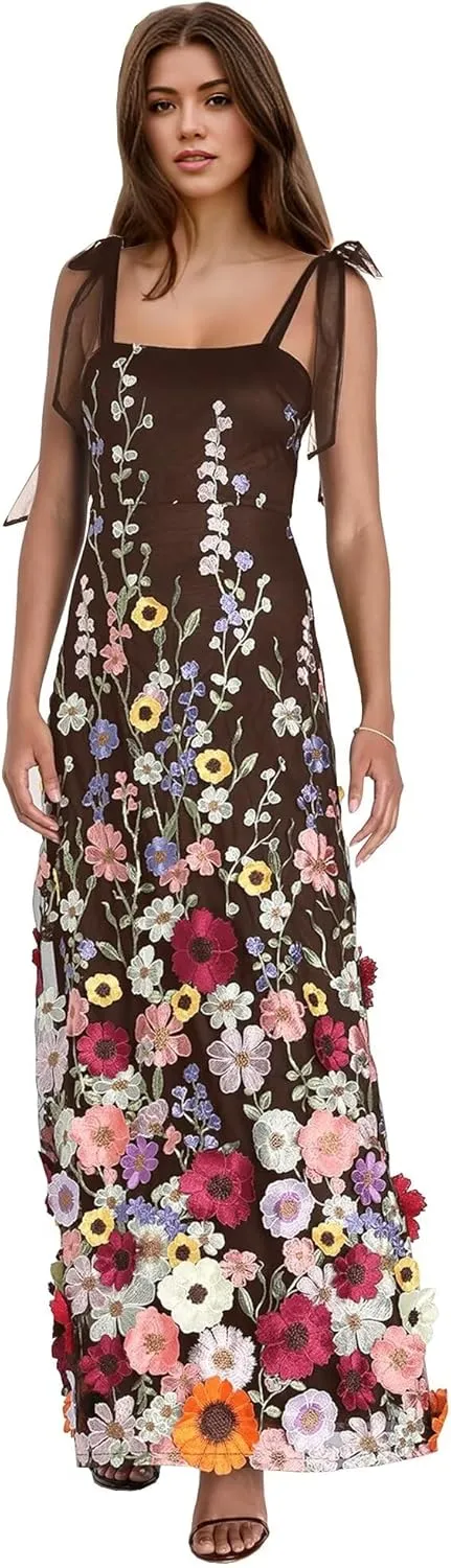 3D Flower Prom Dresses for Women Long Flower Formal Gowns Spaghetti Straps Floral Evening Party Dresses DR0618