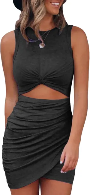 Acelitt Women's 2025 Summer Sleeveless Tank Dresses Cut Out Twist Bodycon Wrap Party Evening Mini Dress
