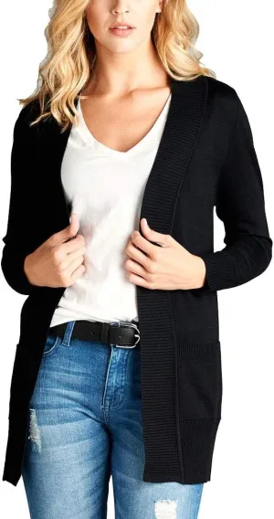 Active USA Women's Long Sleeve Cardigan Open Front Draped Sweater Rib Banded Pockets Black