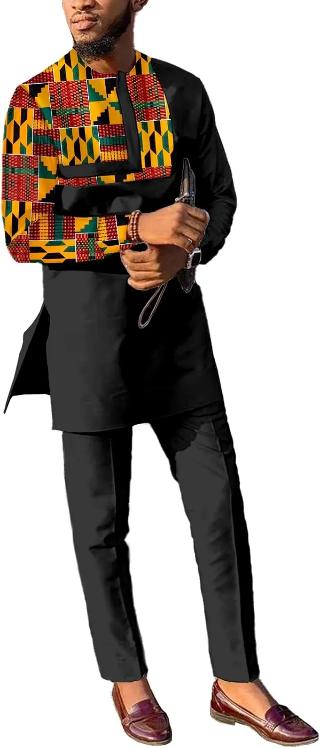African Suits for Men Patchwork 2 Piece Set Fashion Outfit Nigerian Dashiki Wedding Clothing Attire Tracksuits