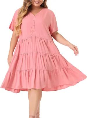 Agnes Orinda Plus Size Dresses for Women Button Down V Neck Knee Length Tiered Chambray Dress