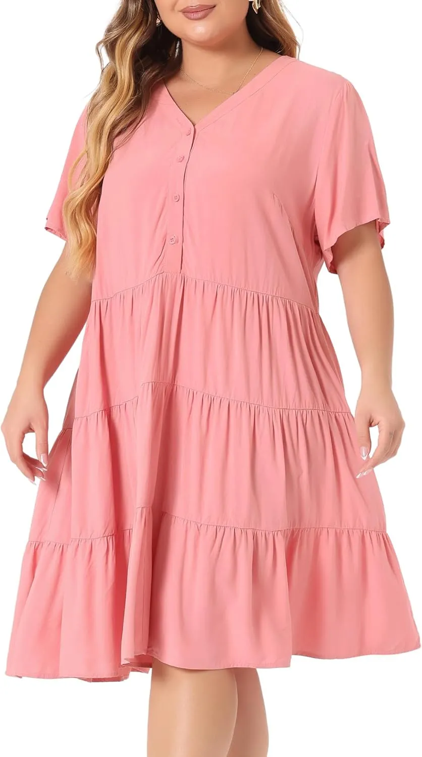 Agnes Orinda Plus Size Dresses for Women Button Down V Neck Knee Length Tiered Chambray Dress