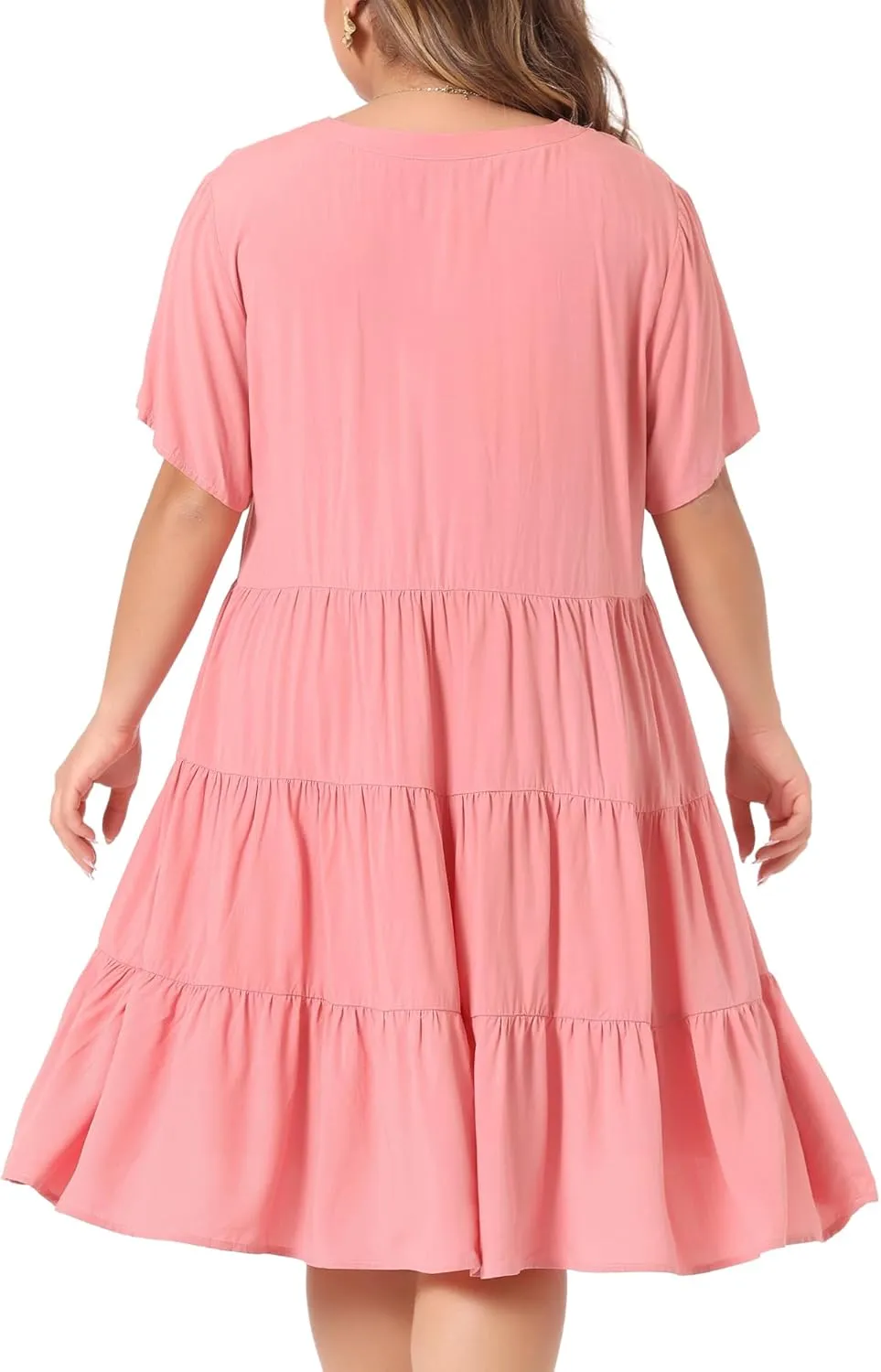 Agnes Orinda Plus Size Dresses for Women Button Down V Neck Knee Length Tiered Chambray Dress