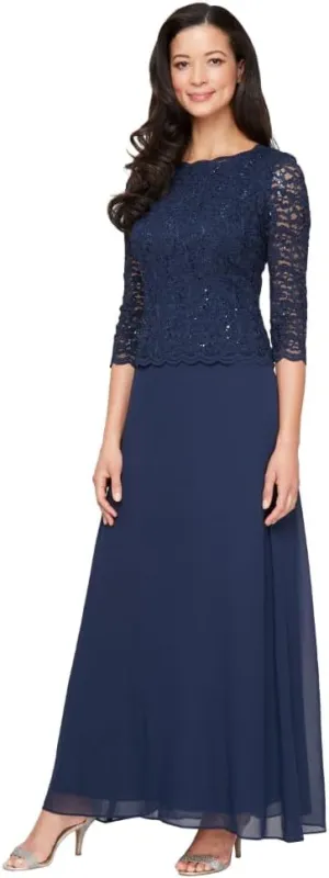 Alex Evenings Women's 3/4 Sleeve Stretch Lace Bodice One Piece Mother of The Bride Dress (Petite and Regular Sizes)
