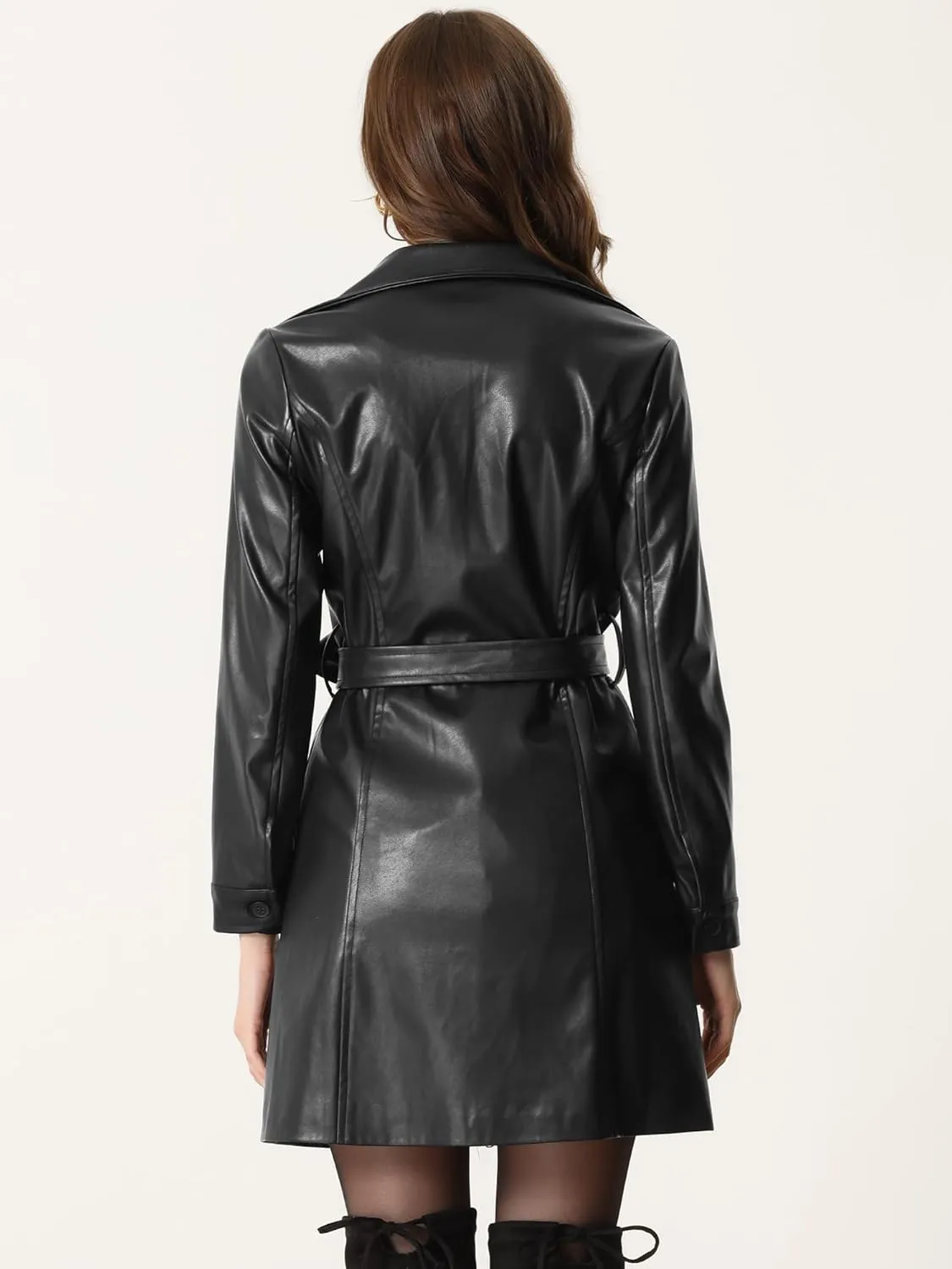 Allegra K Faux Leather Long Jacket for Women's Notched Lapel Collar PU Trench Coat