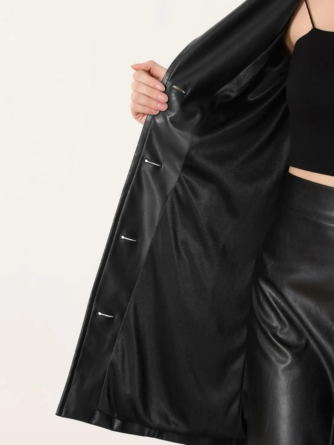 Allegra K Faux Leather Long Jacket for Women's Notched Lapel Collar PU Trench Coat