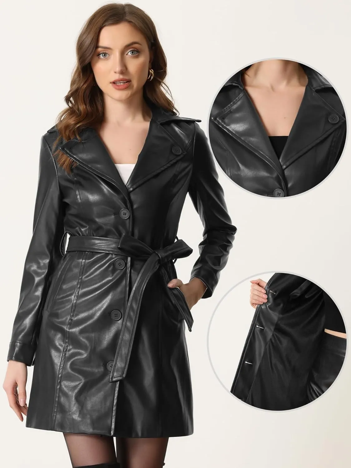 Allegra K Faux Leather Long Jacket for Women's Notched Lapel Collar PU Trench Coat