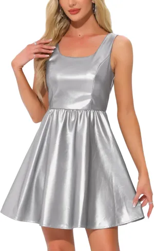 Allegra K Tank Dress for Women's Faux Leather Sleeveless a Line Mini Party Dresses