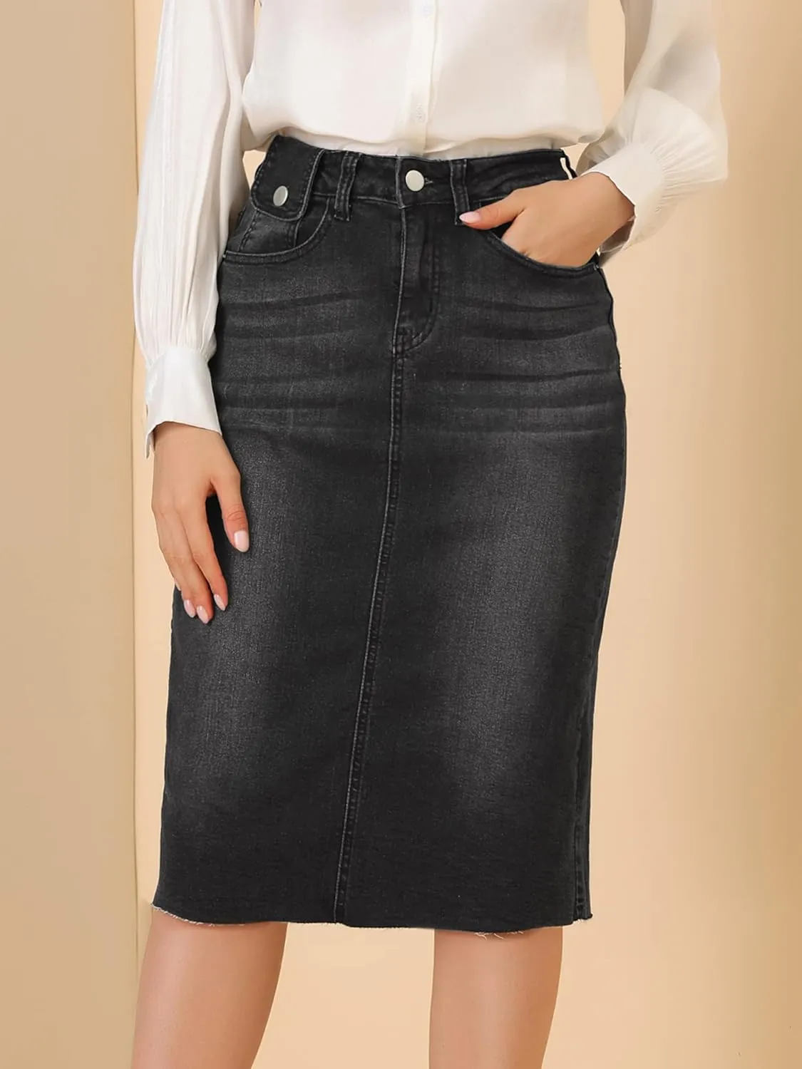 Allegra K Women's Casual Jean Skirt High Waist Back Slit Stretch Denim Skirts