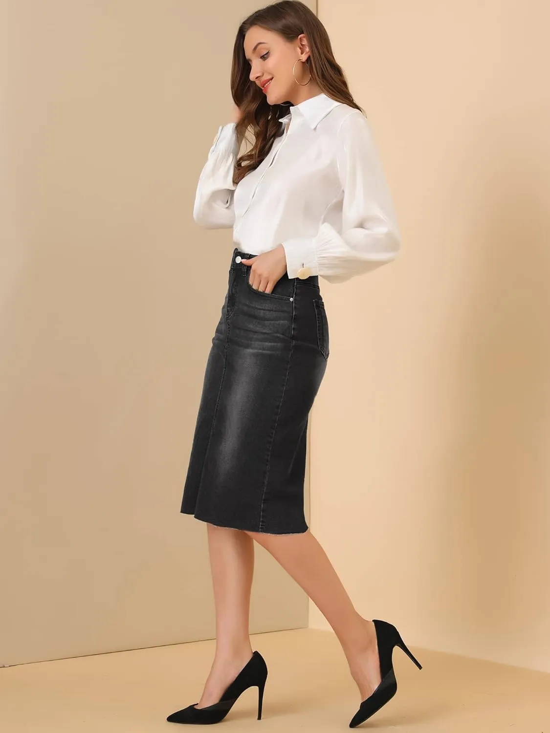 Allegra K Women's Casual Jean Skirt High Waist Back Slit Stretch Denim Skirts