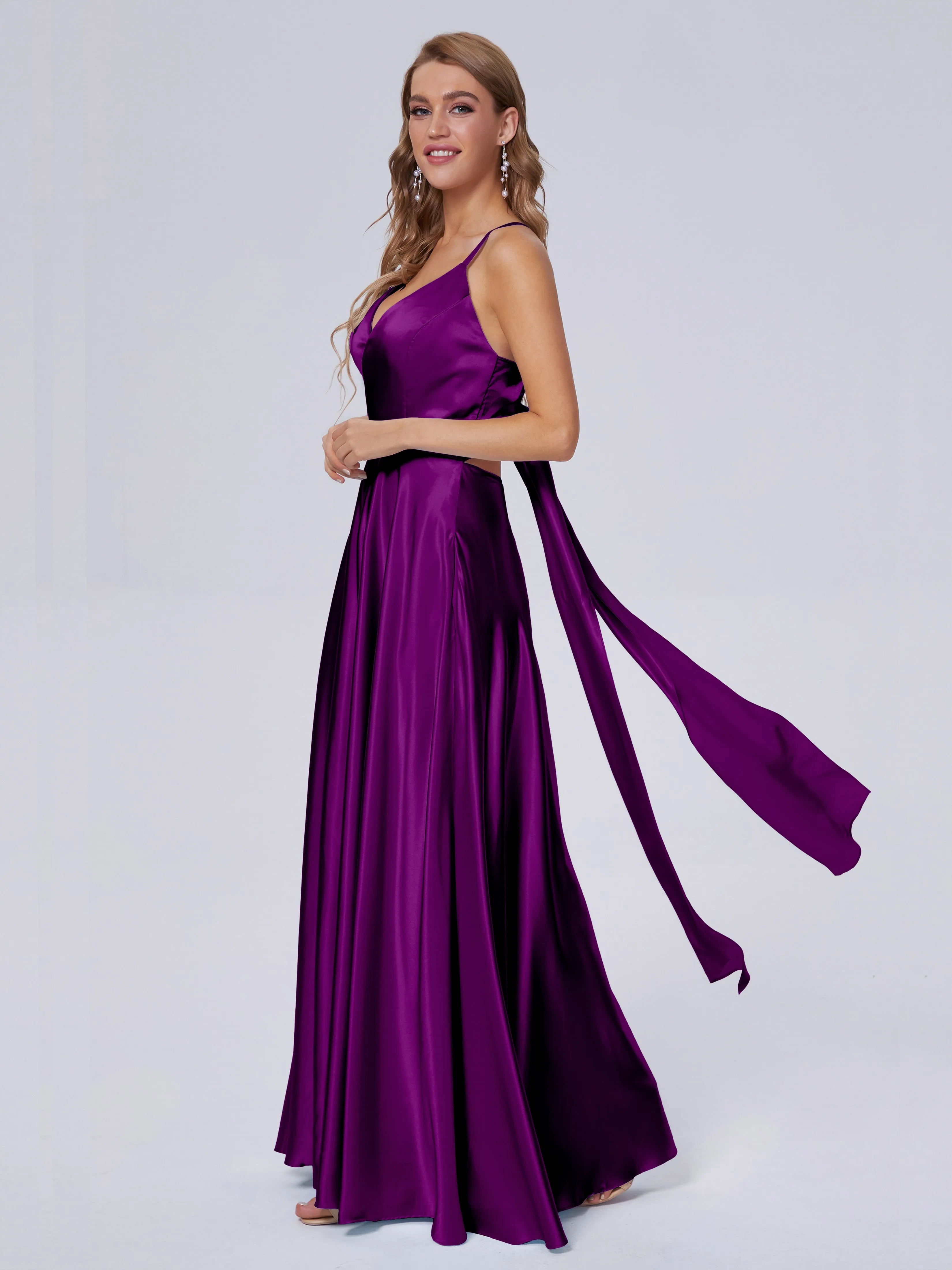 Ana Flowy Straps Soft Satin Long Bridesmaid Dresses