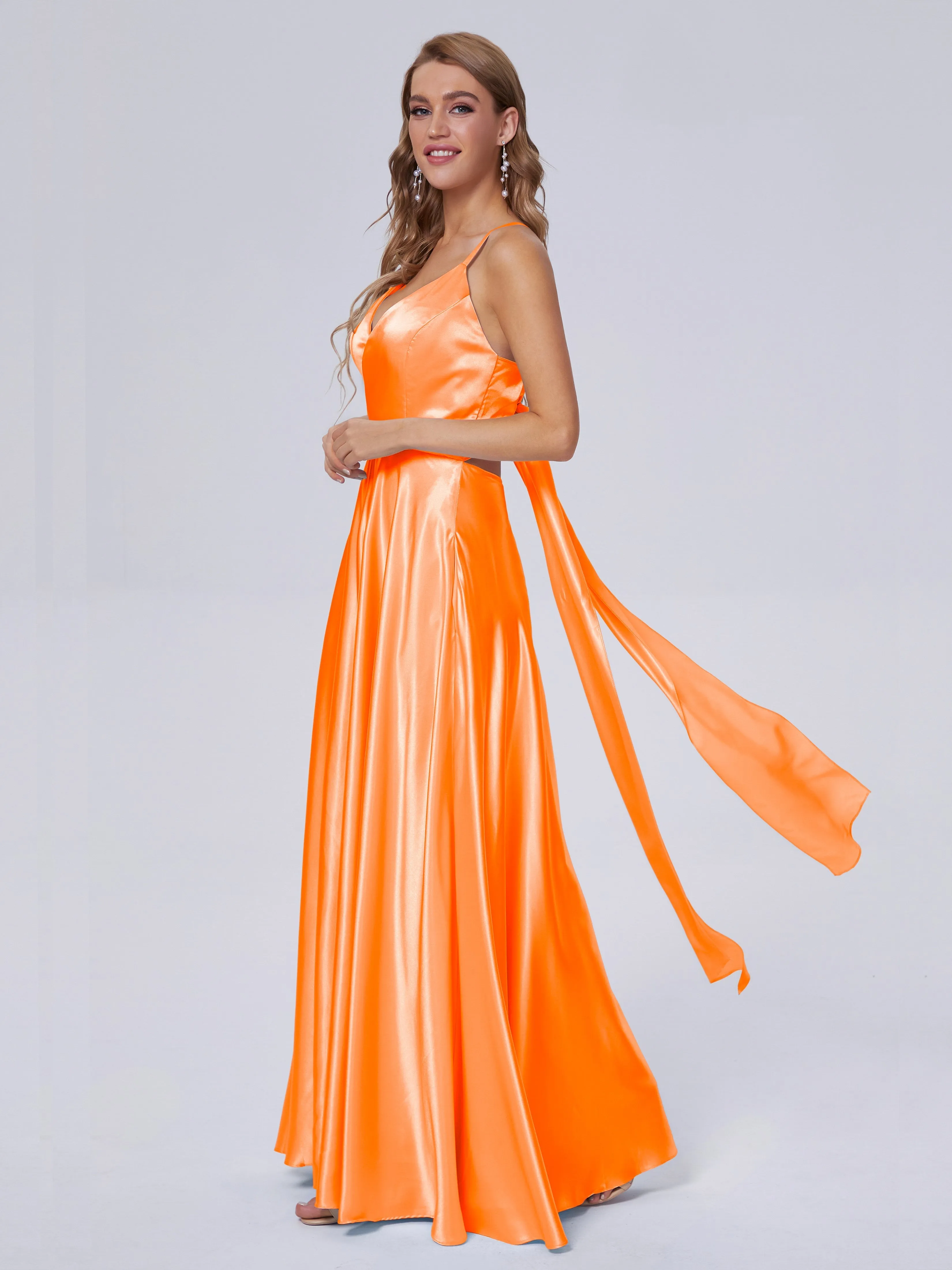 Ana Flowy Straps Soft Satin Long Bridesmaid Dresses