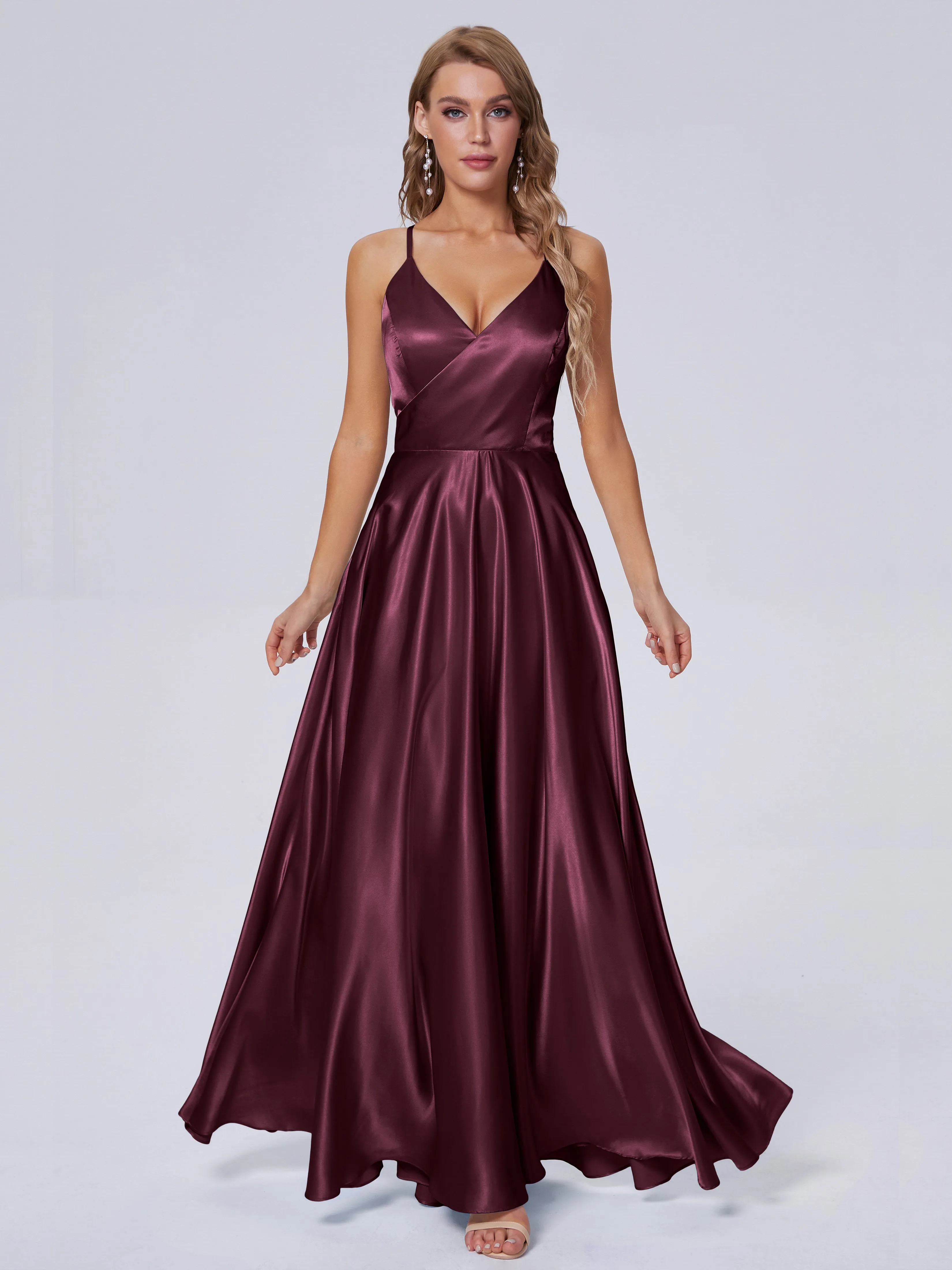 Ana Flowy Straps Soft Satin Long Bridesmaid Dresses