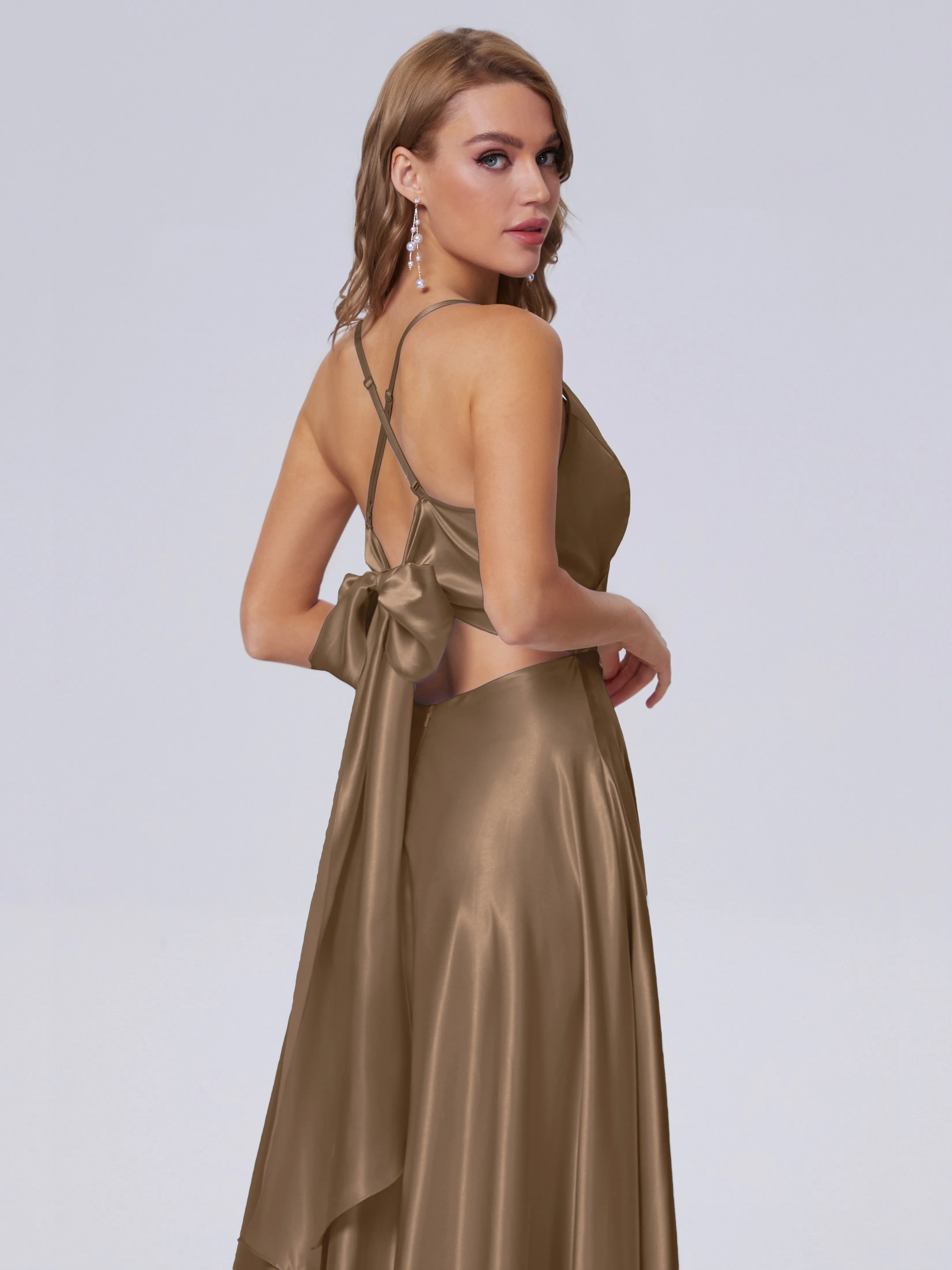 Ana Flowy Straps Soft Satin Long Bridesmaid Dresses