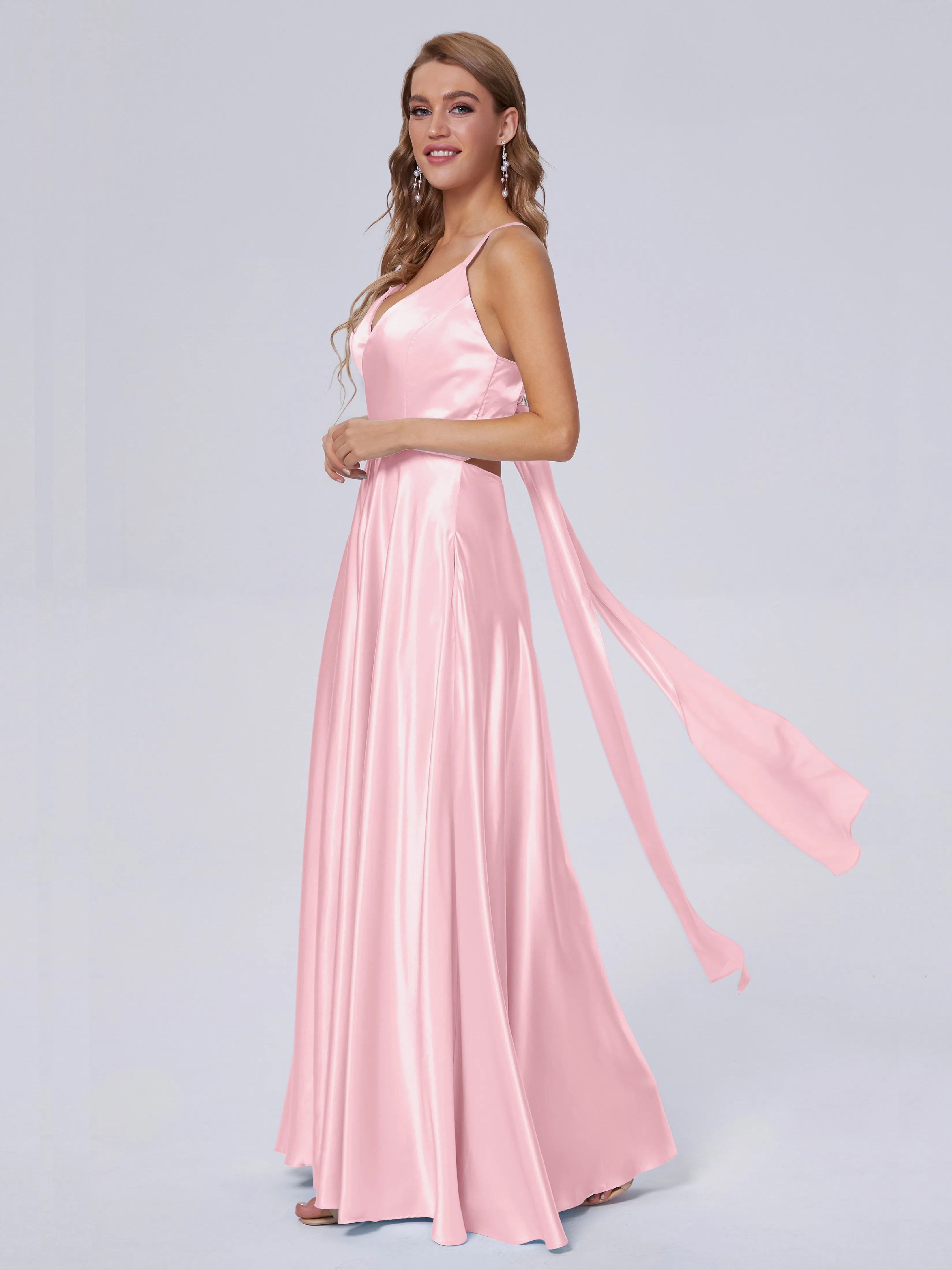 Ana Flowy Straps Soft Satin Long Bridesmaid Dresses