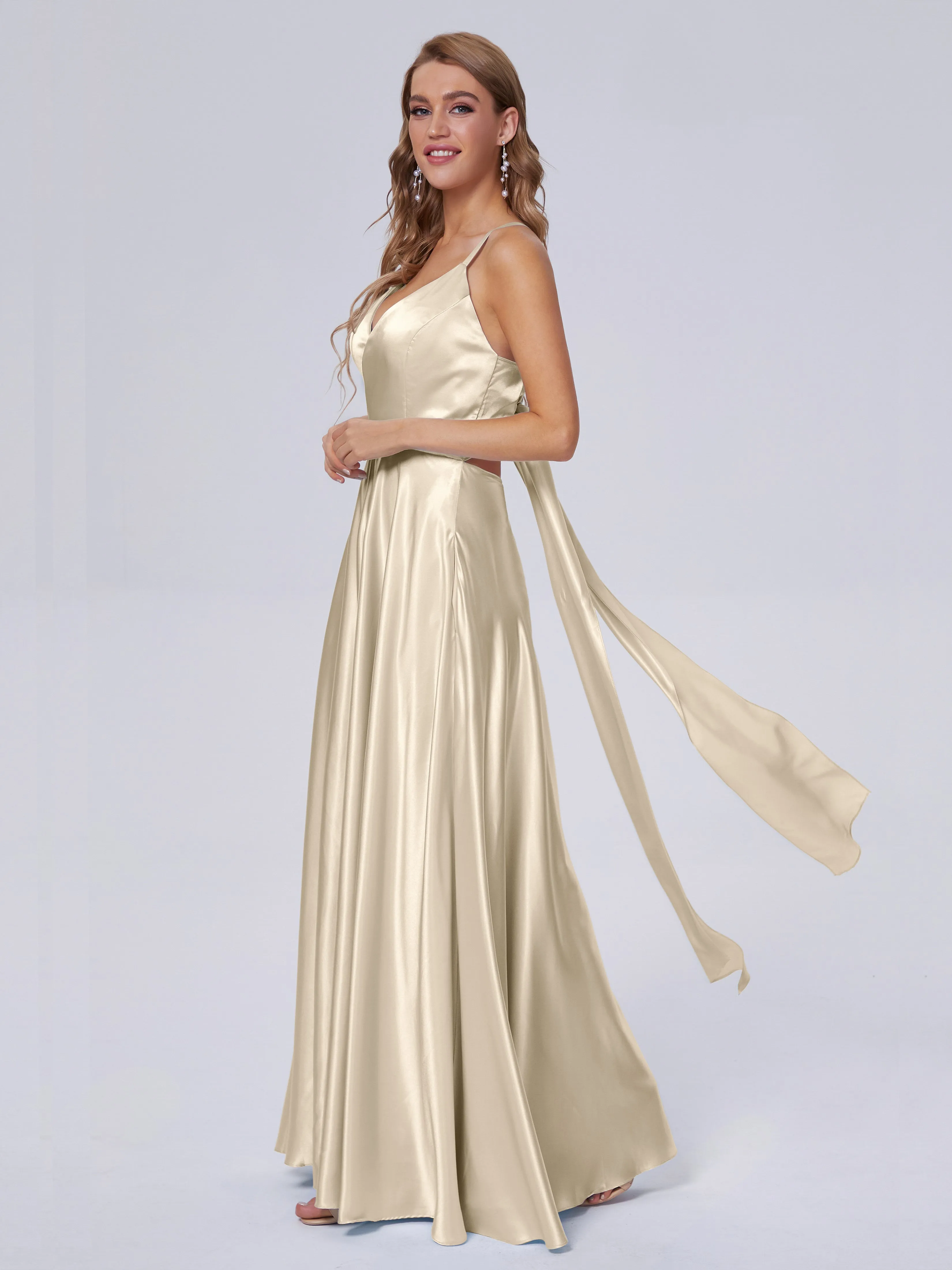 Ana Flowy Straps Soft Satin Long Bridesmaid Dresses