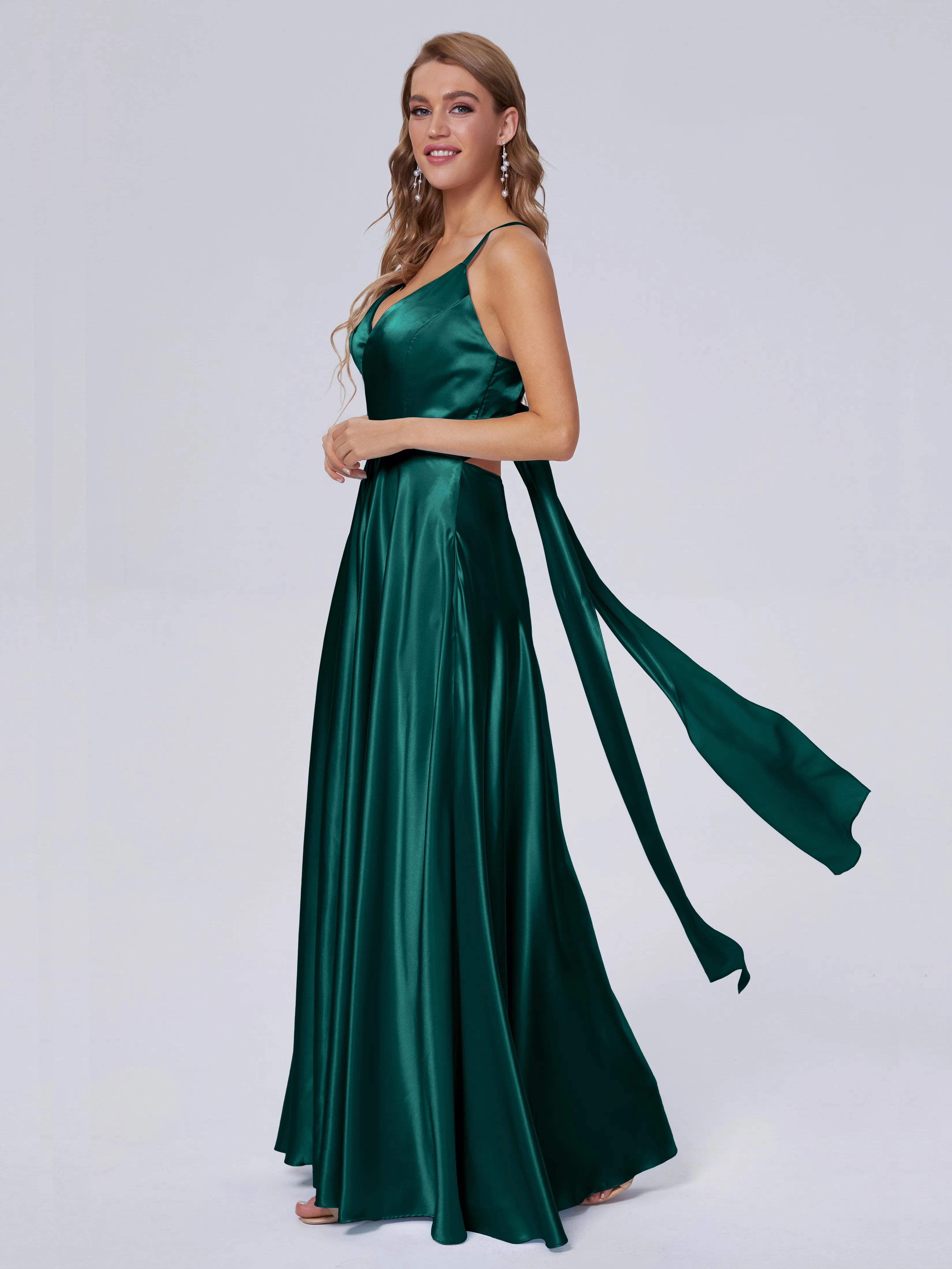 Ana Flowy Straps Soft Satin Long Bridesmaid Dresses