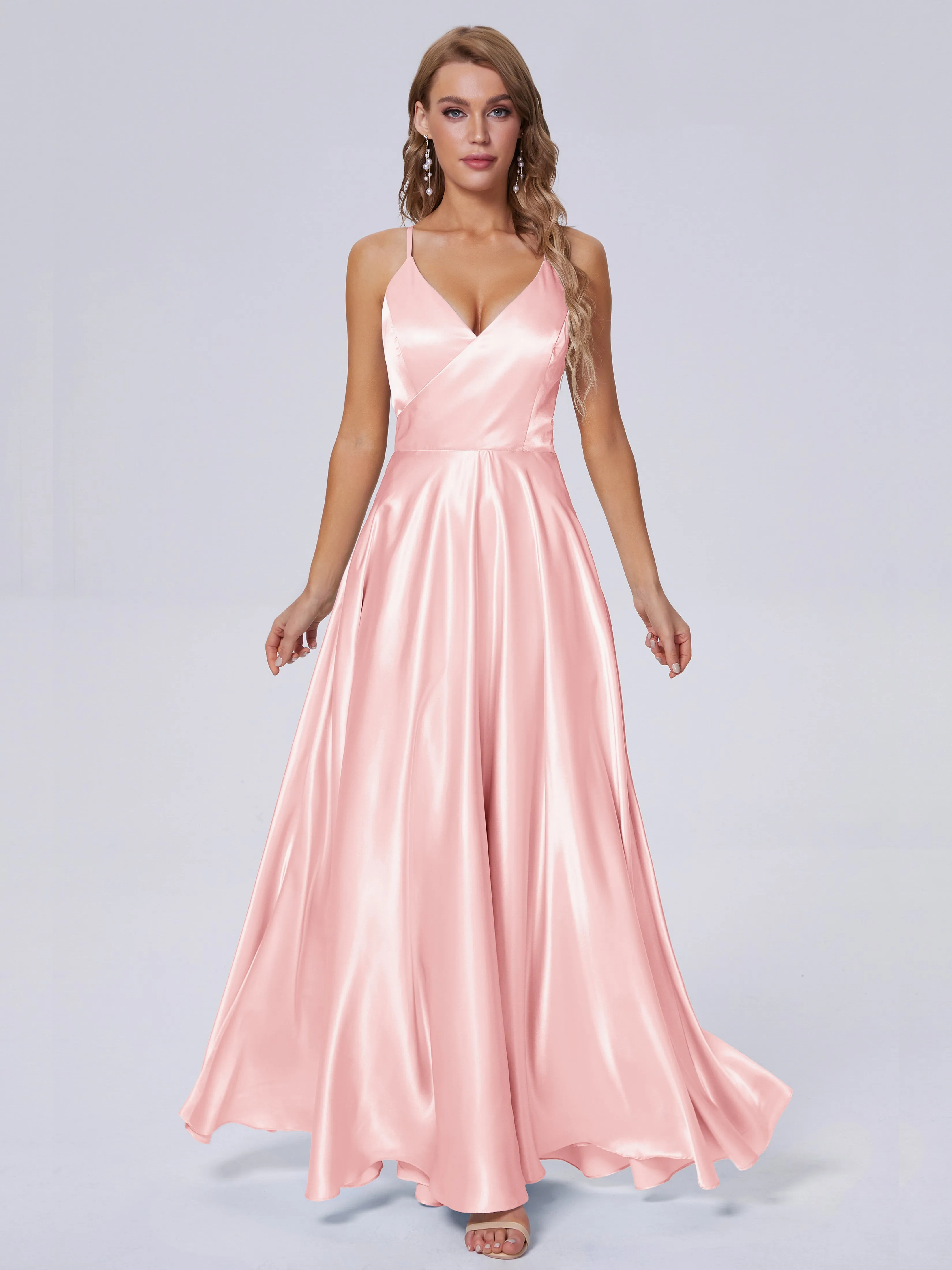 Ana Flowy Straps Soft Satin Long Bridesmaid Dresses