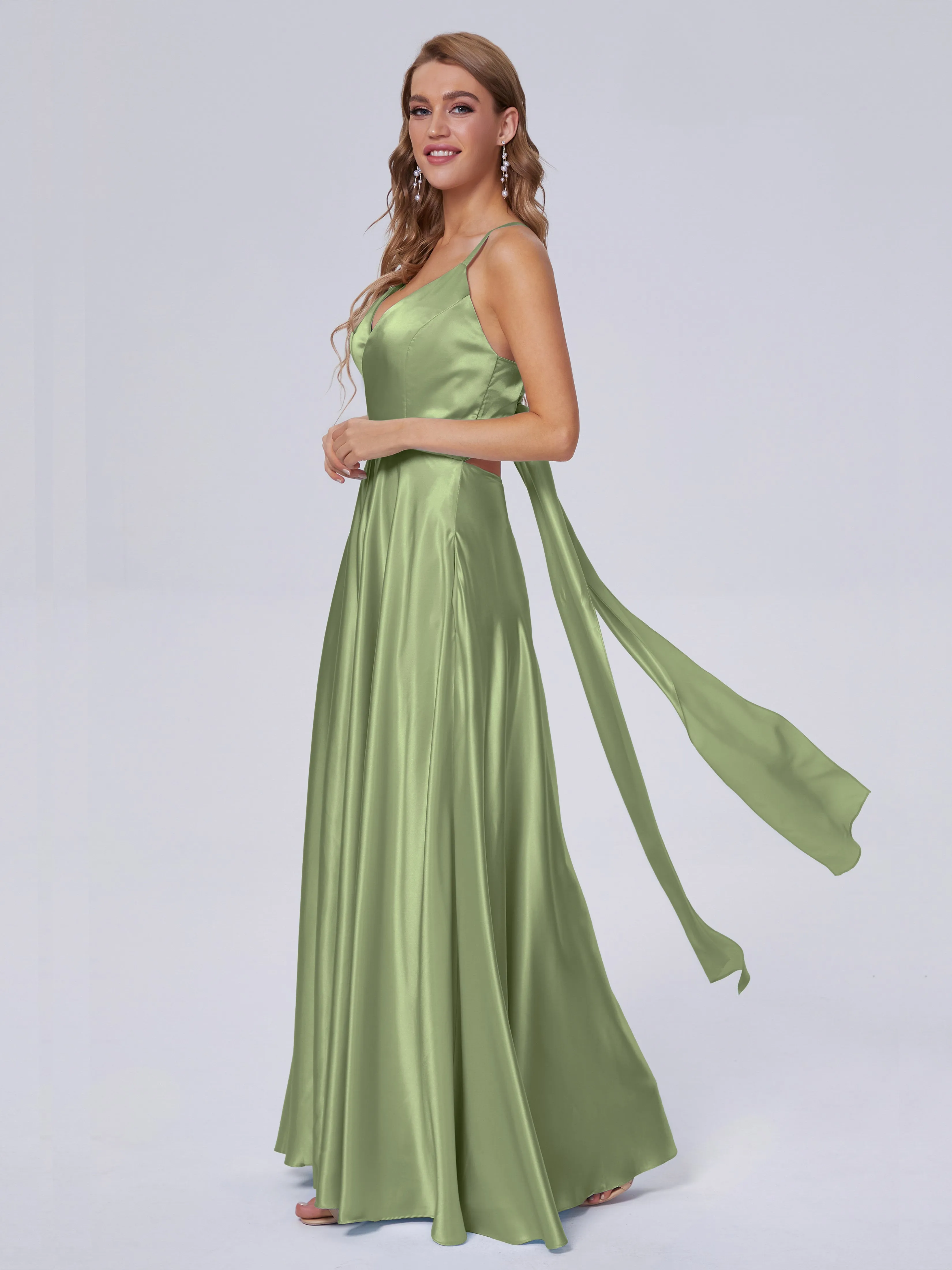 Ana Flowy Straps Soft Satin Long Bridesmaid Dresses