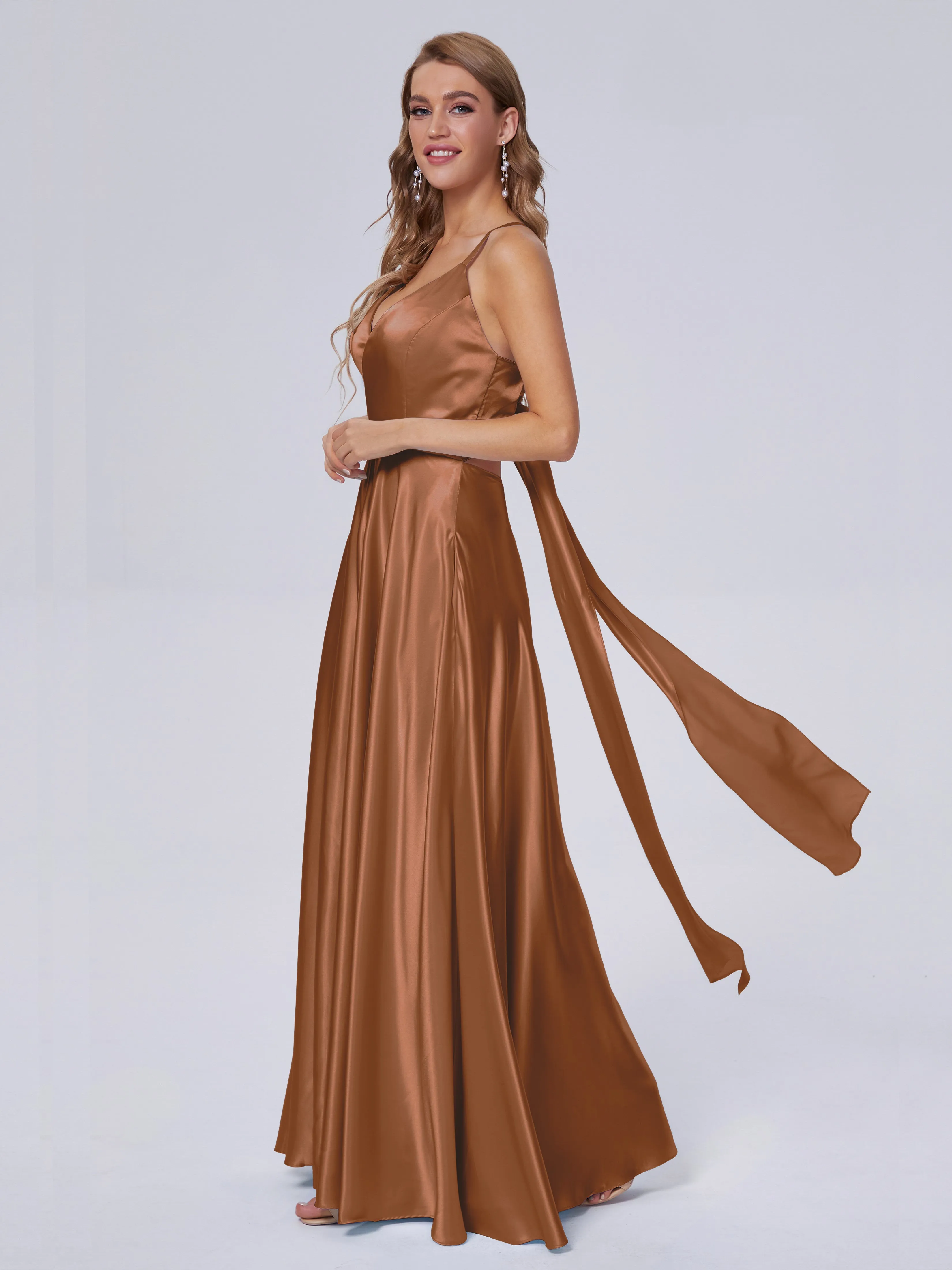 Ana Flowy Straps Soft Satin Long Bridesmaid Dresses