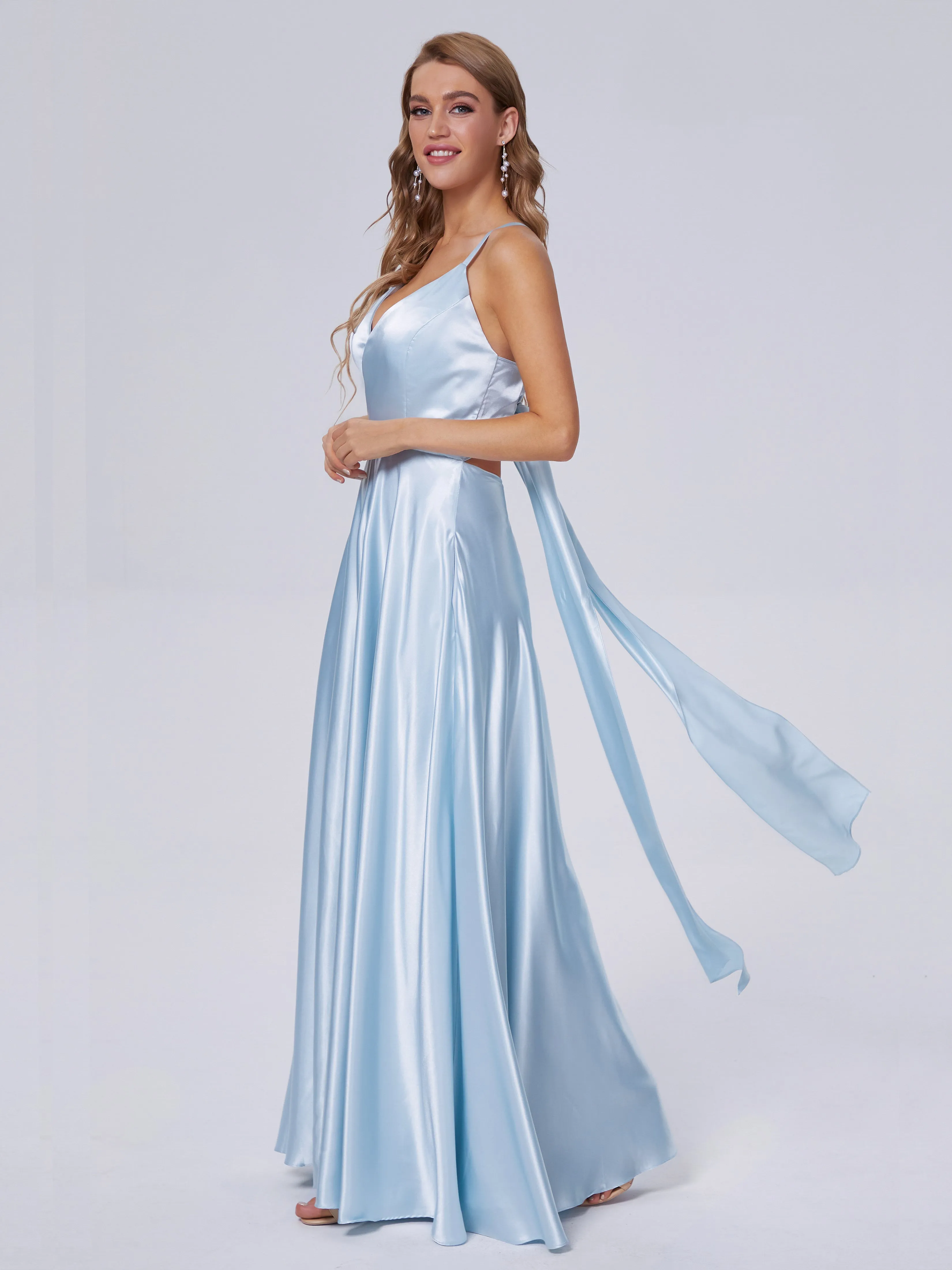 Ana Flowy Straps Soft Satin Long Bridesmaid Dresses
