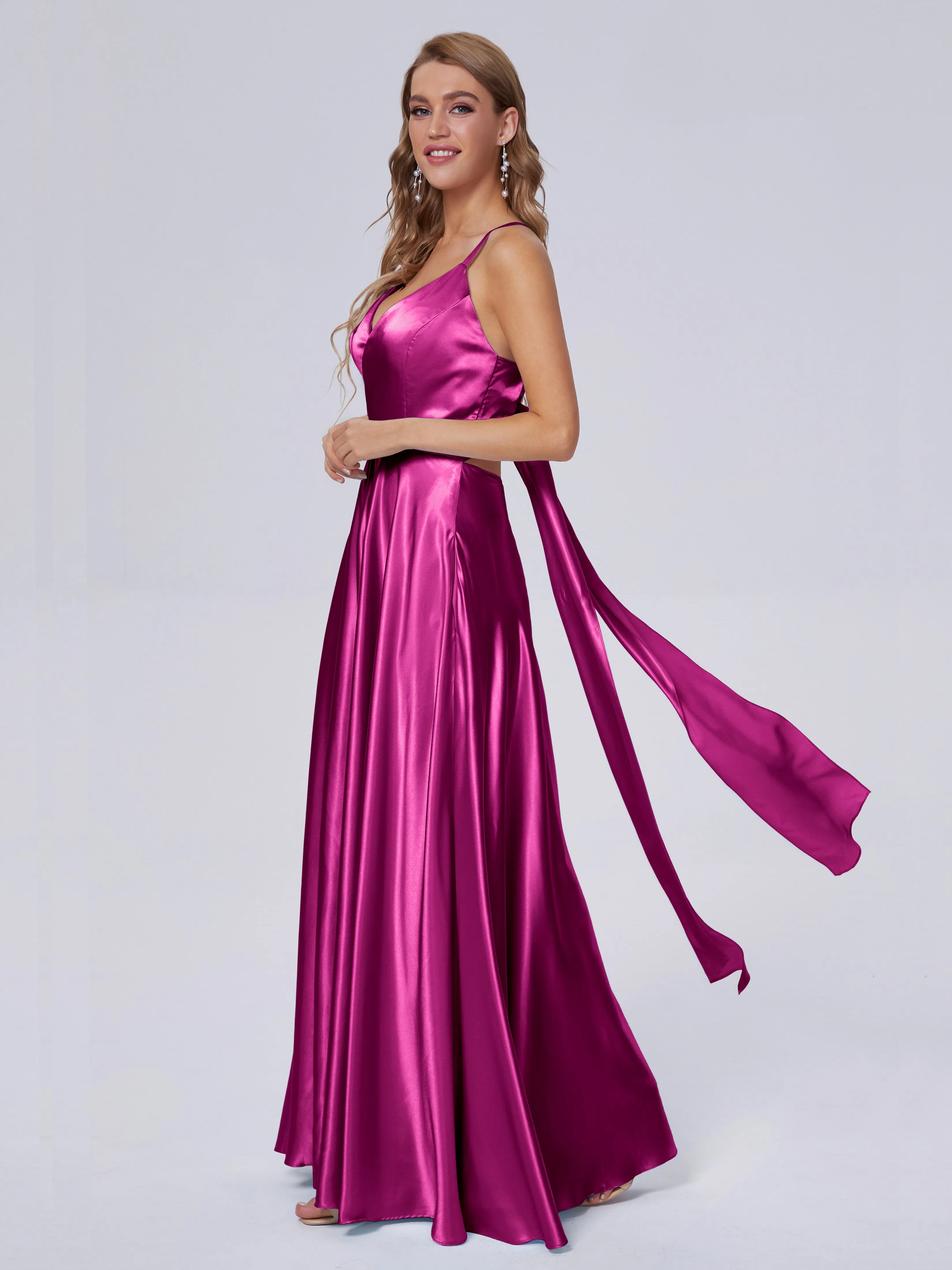 Ana Flowy Straps Soft Satin Long Bridesmaid Dresses