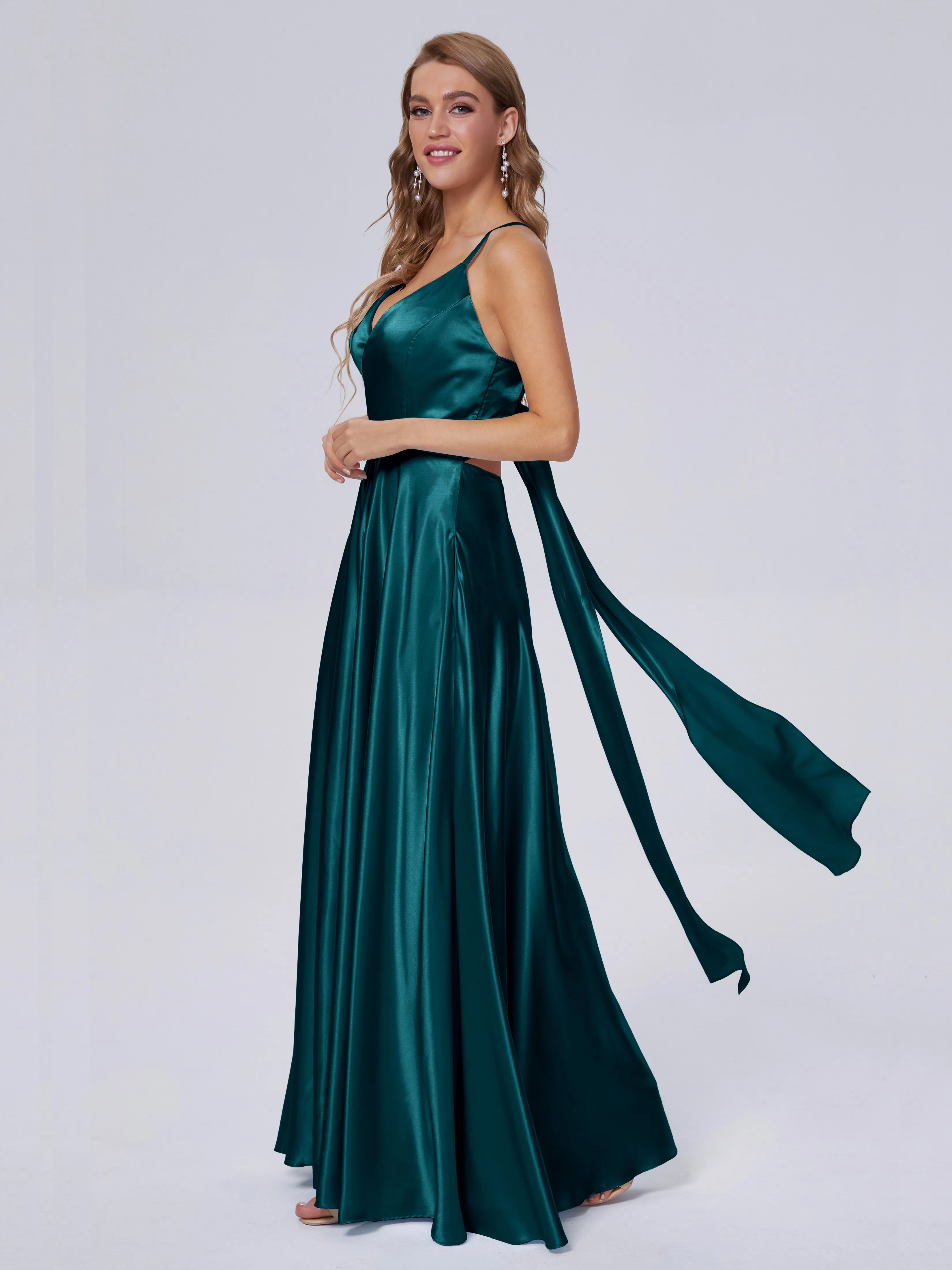 Ana Flowy Straps Soft Satin Long Bridesmaid Dresses