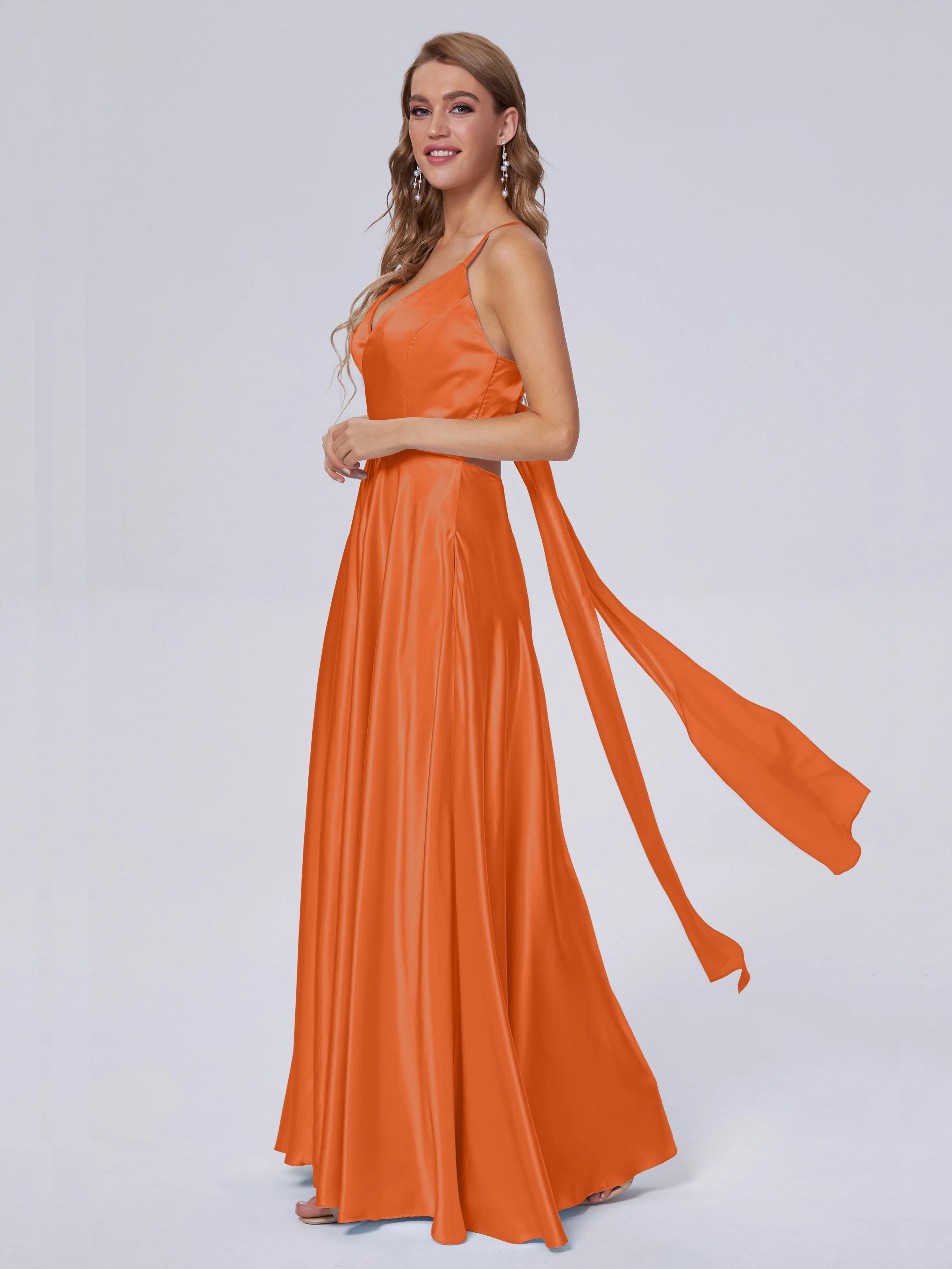 Ana Flowy Straps Soft Satin Long Bridesmaid Dresses