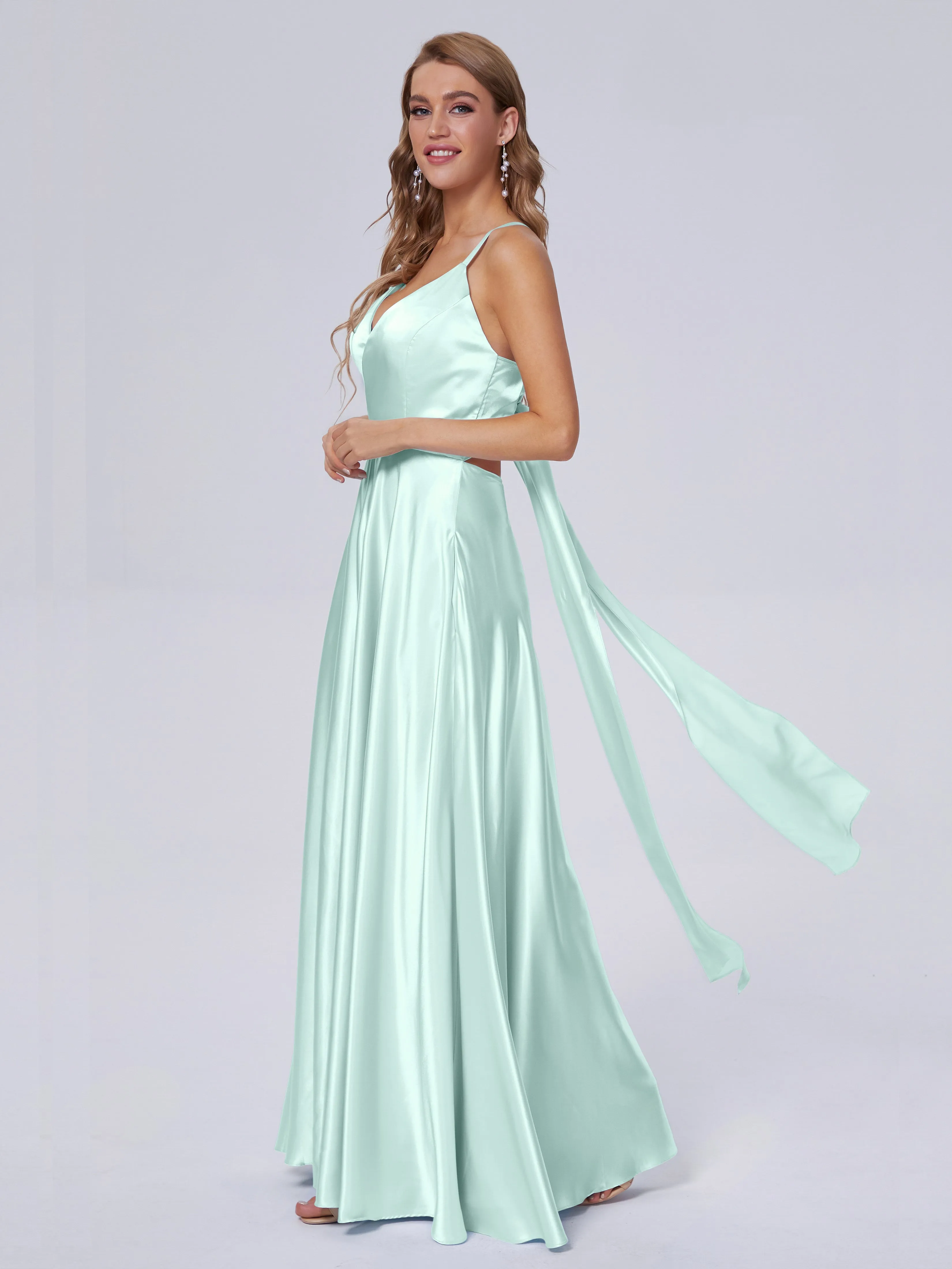 Ana Flowy Straps Soft Satin Long Bridesmaid Dresses