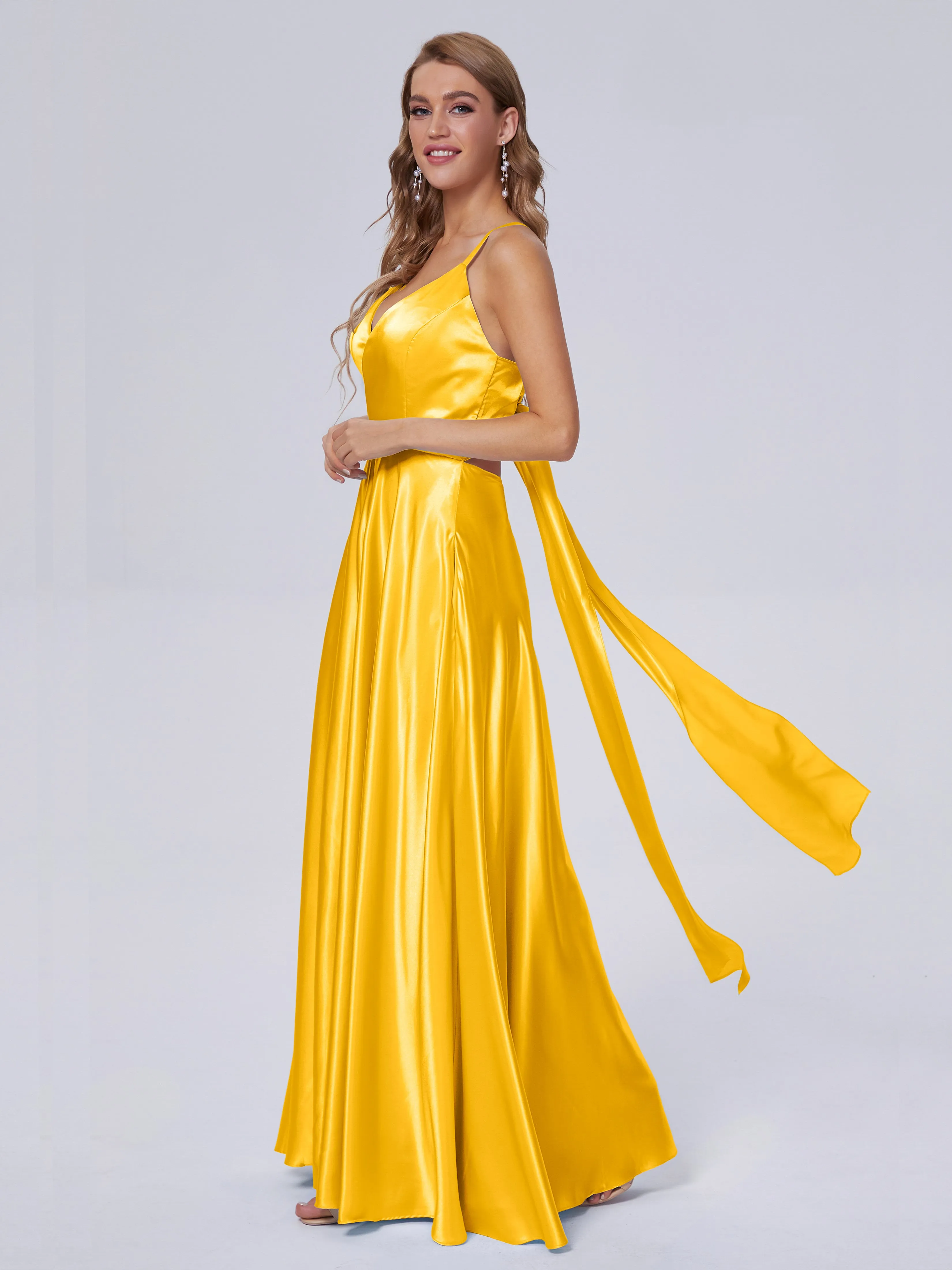 Ana Flowy Straps Soft Satin Long Bridesmaid Dresses