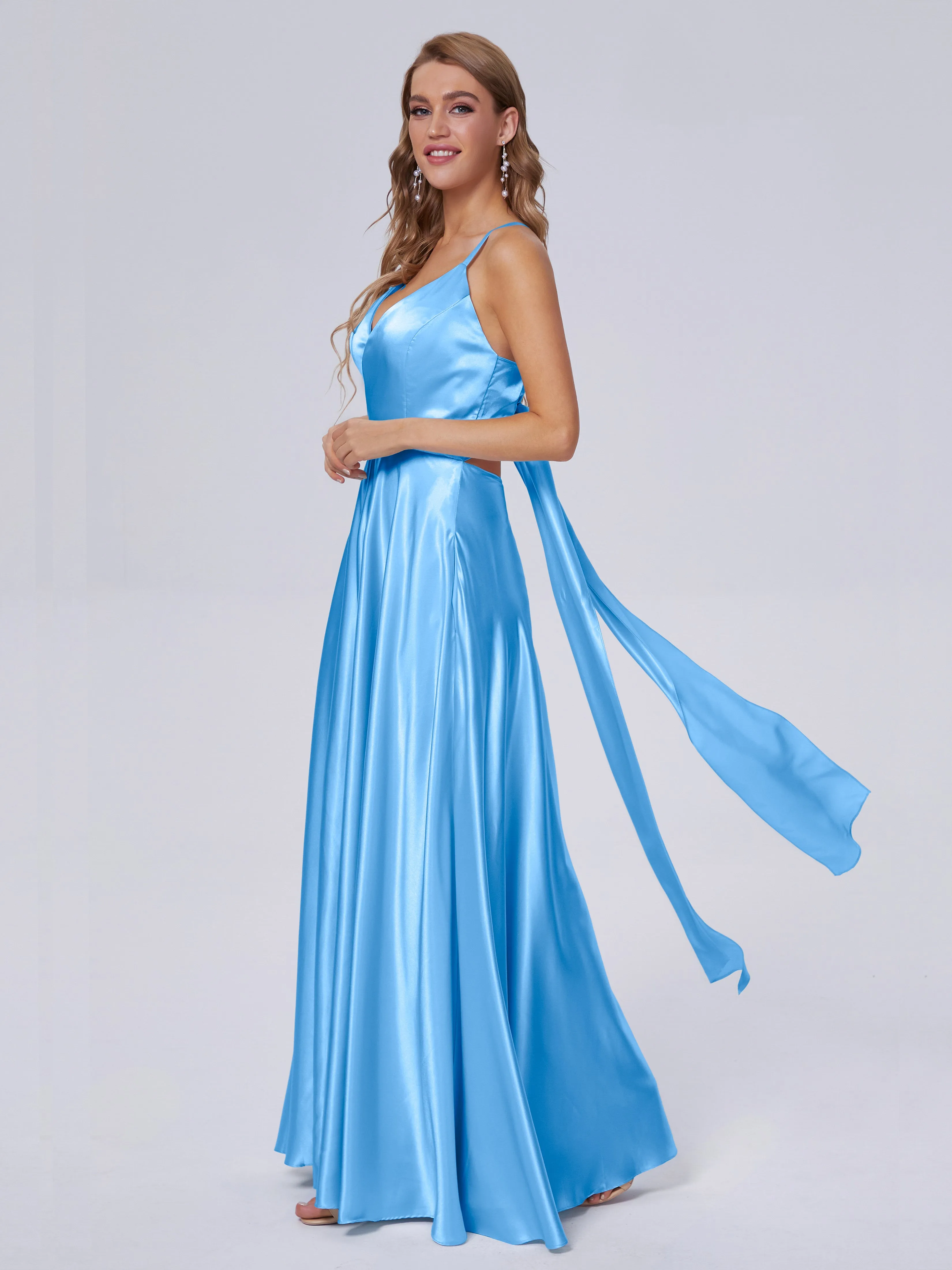 Ana Flowy Straps Soft Satin Long Bridesmaid Dresses