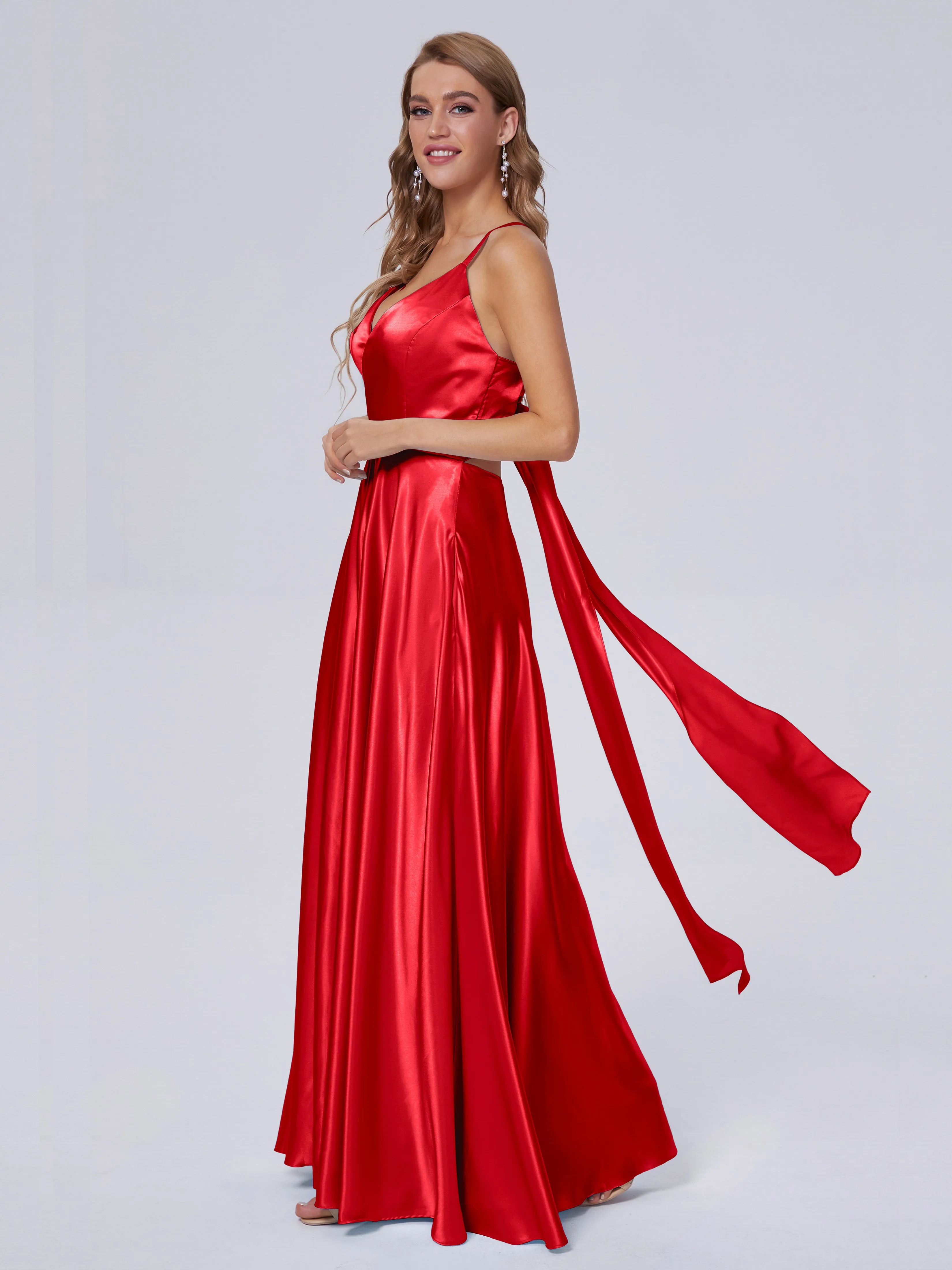 Ana Flowy Straps Soft Satin Long Bridesmaid Dresses
