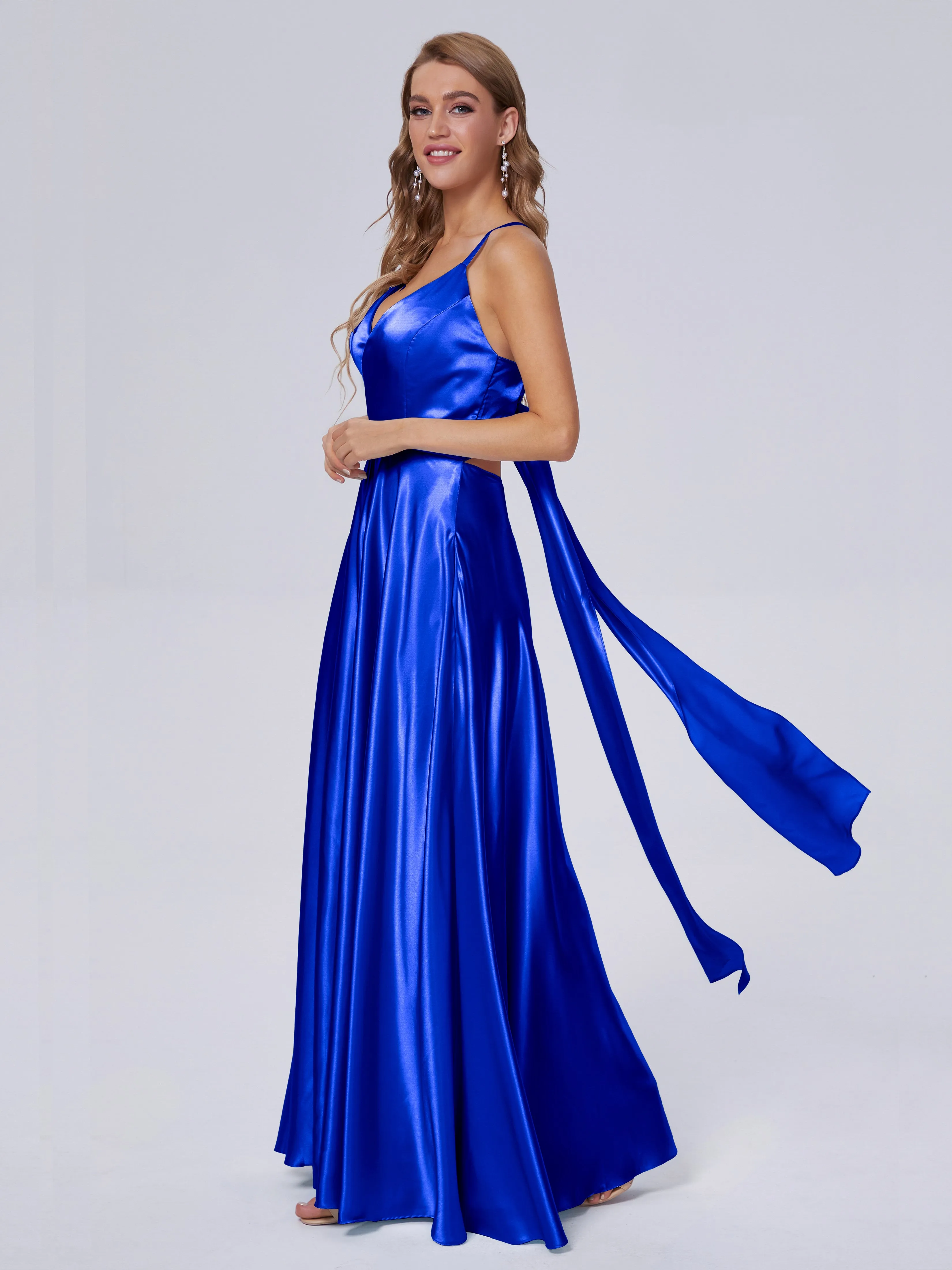 Ana Flowy Straps Soft Satin Long Bridesmaid Dresses