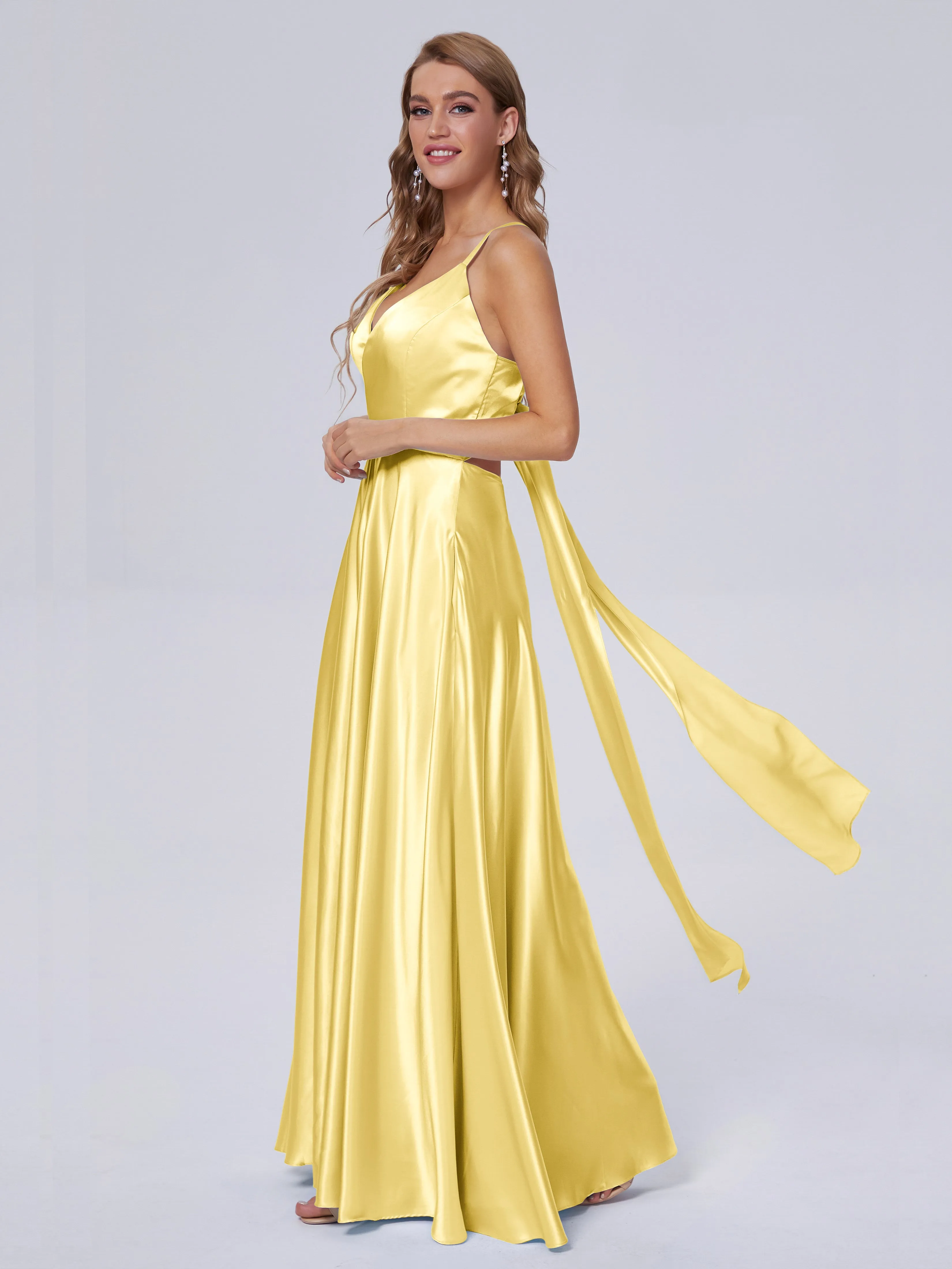 Ana Flowy Straps Soft Satin Long Bridesmaid Dresses