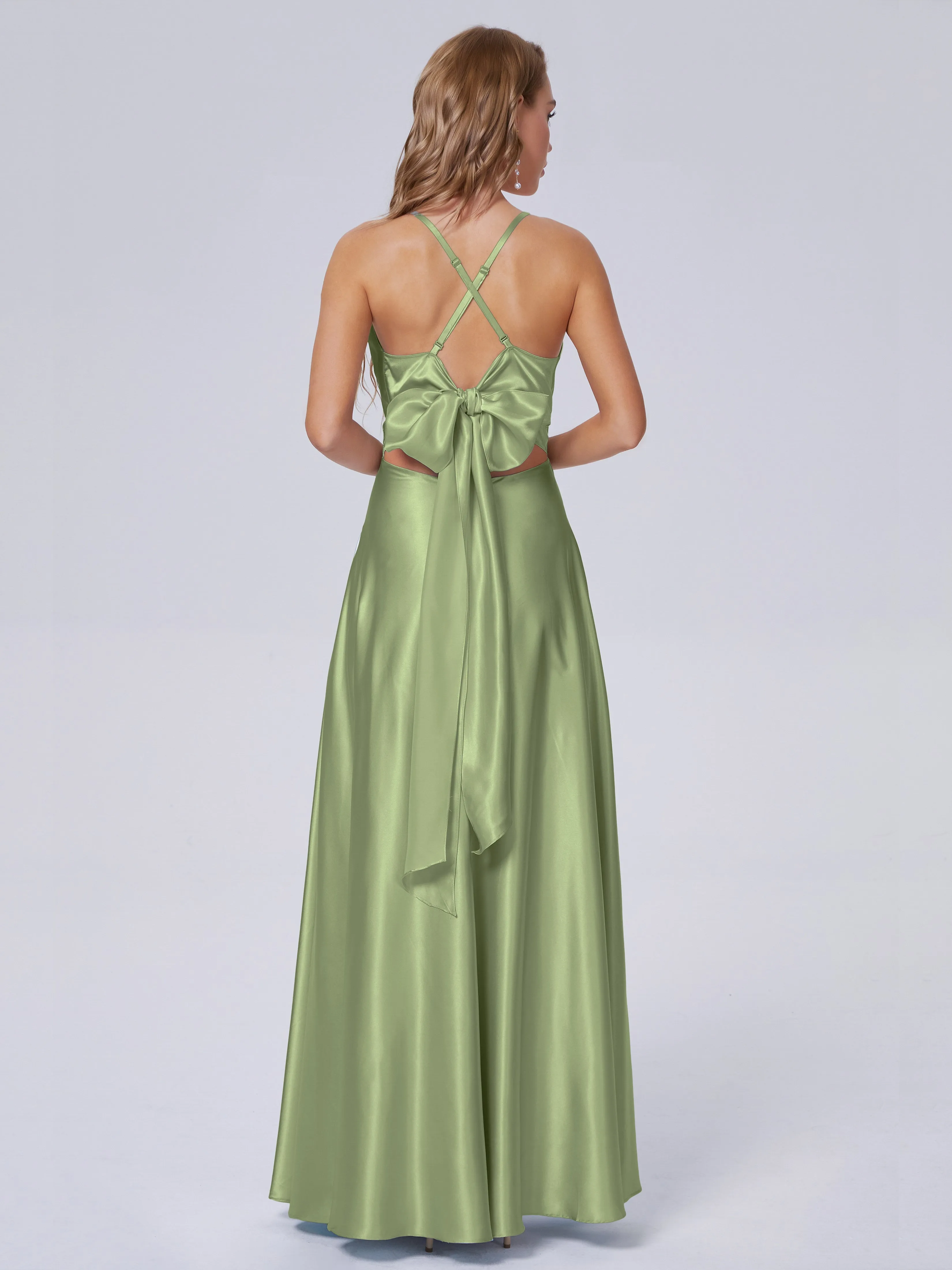 Ana Flowy Straps Soft Satin Long Bridesmaid Dresses