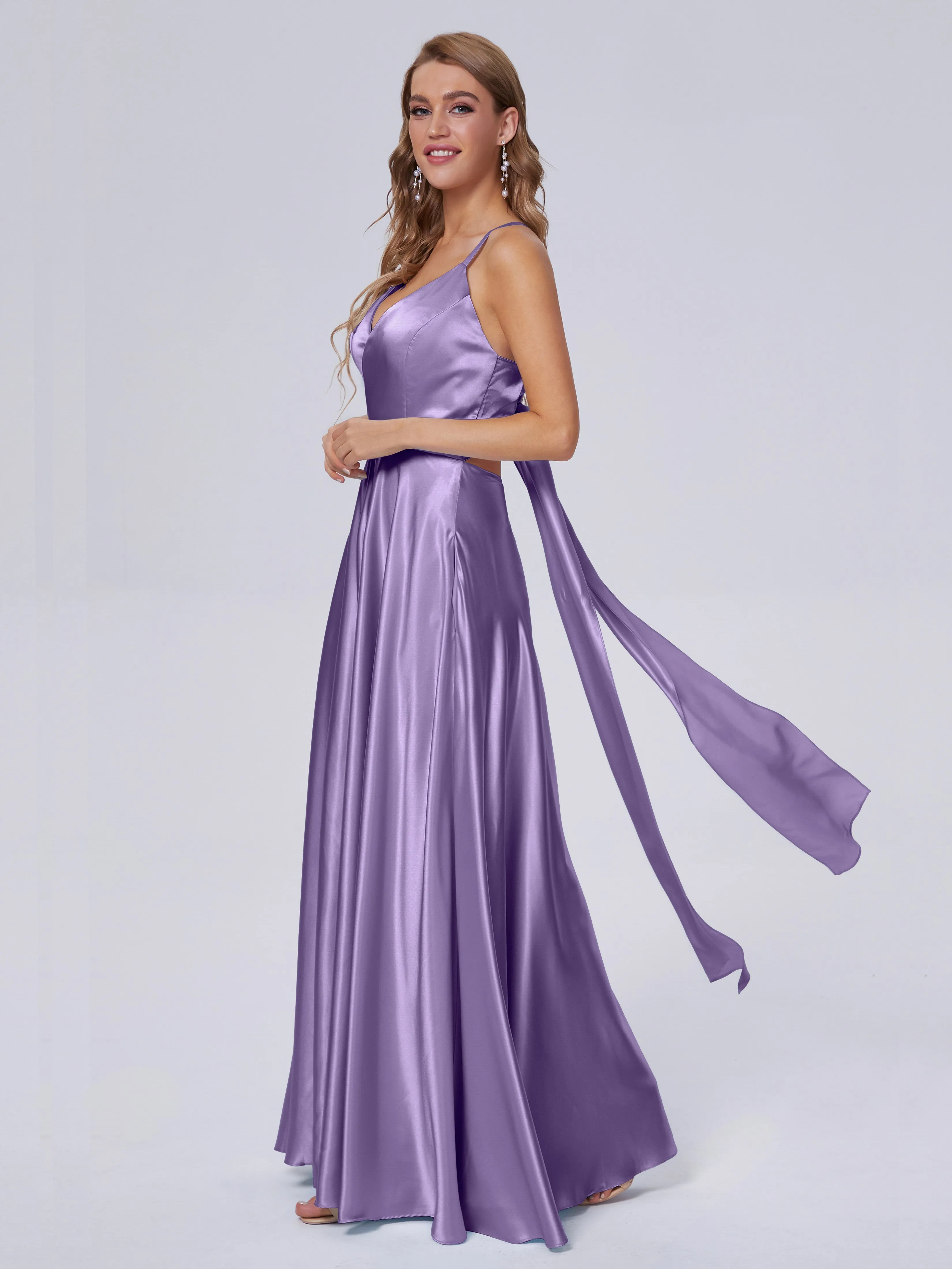 Ana Flowy Straps Soft Satin Long Bridesmaid Dresses