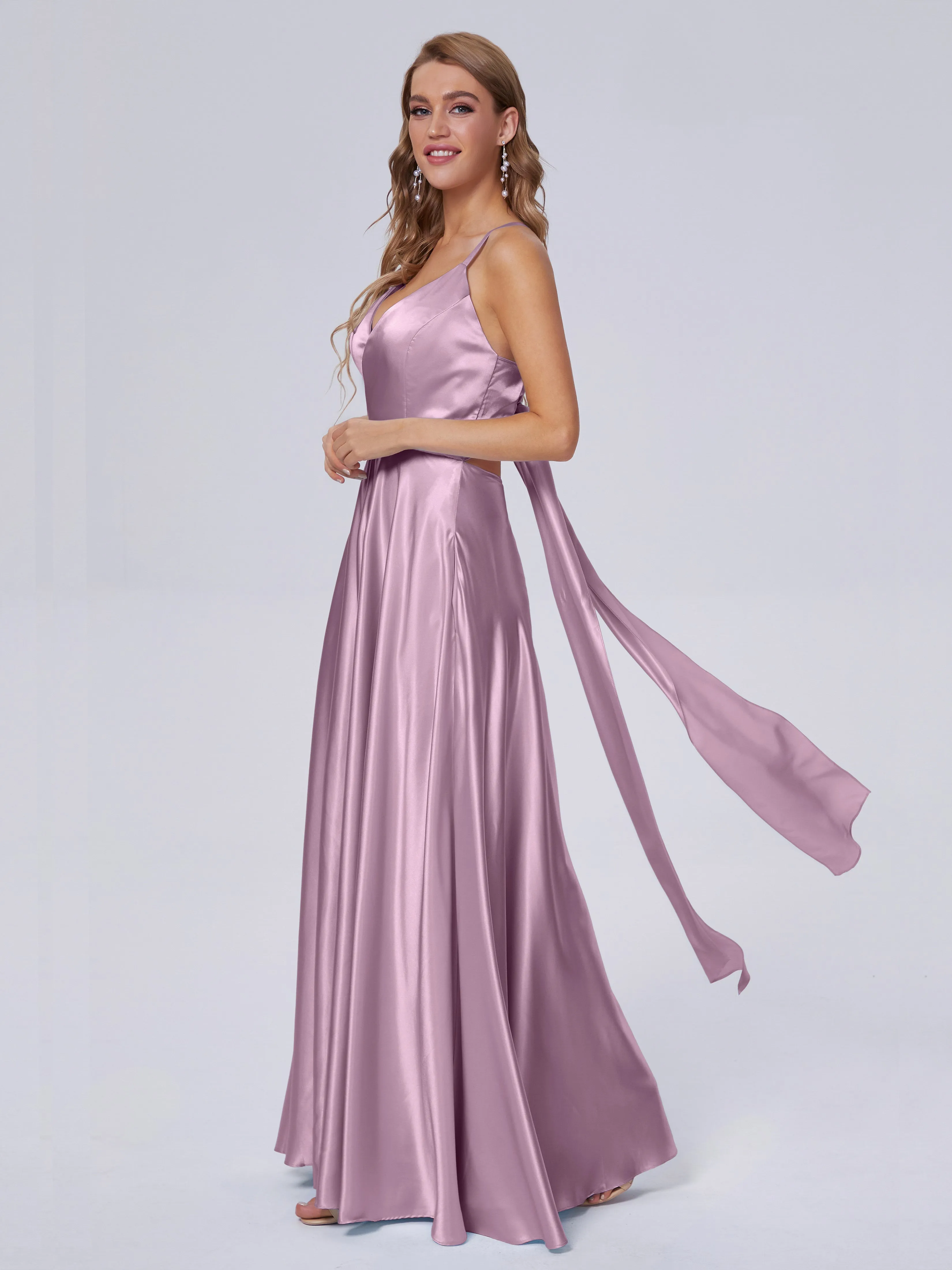 Ana Flowy Straps Soft Satin Long Bridesmaid Dresses