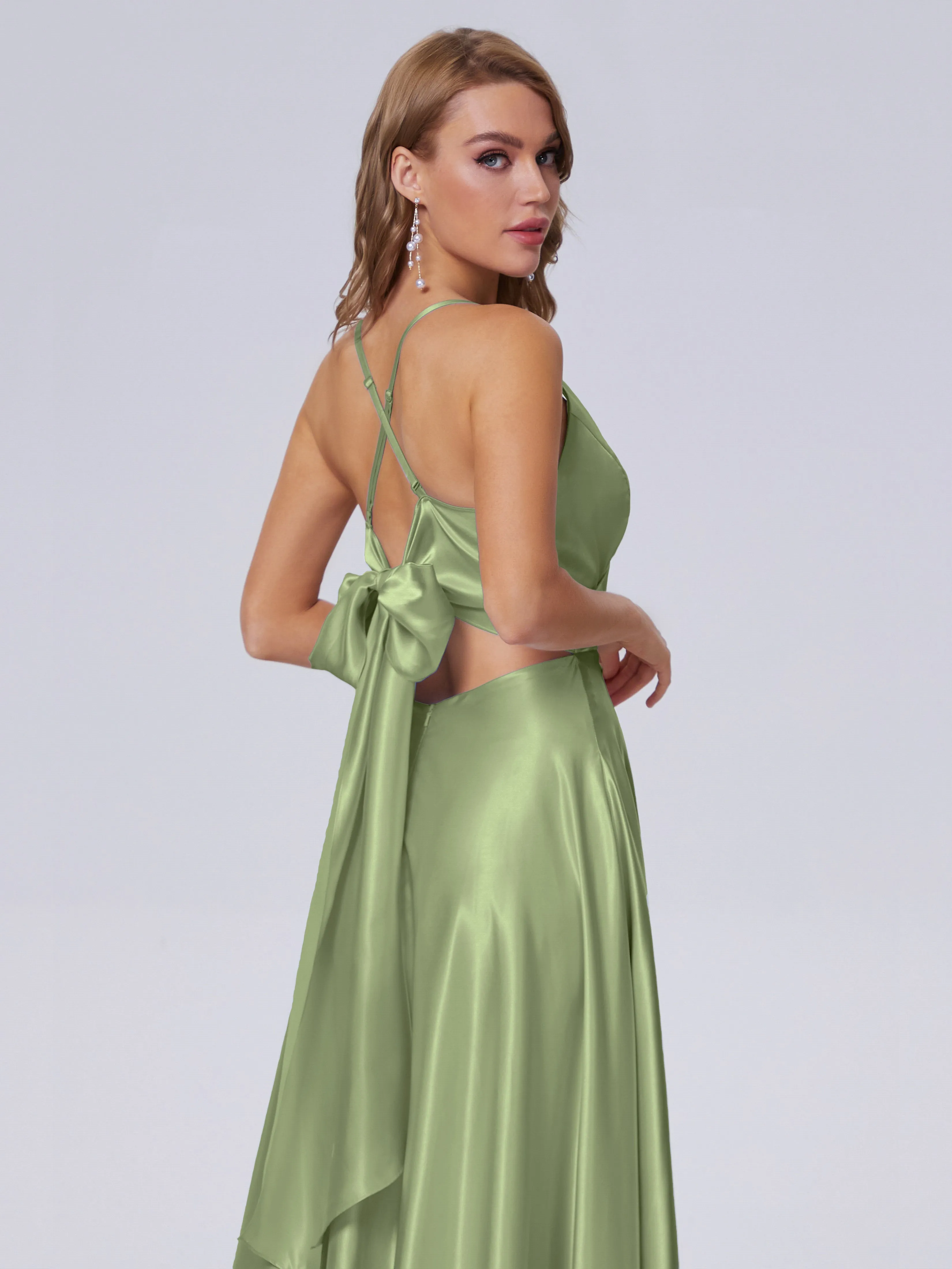Ana Flowy Straps Soft Satin Long Bridesmaid Dresses