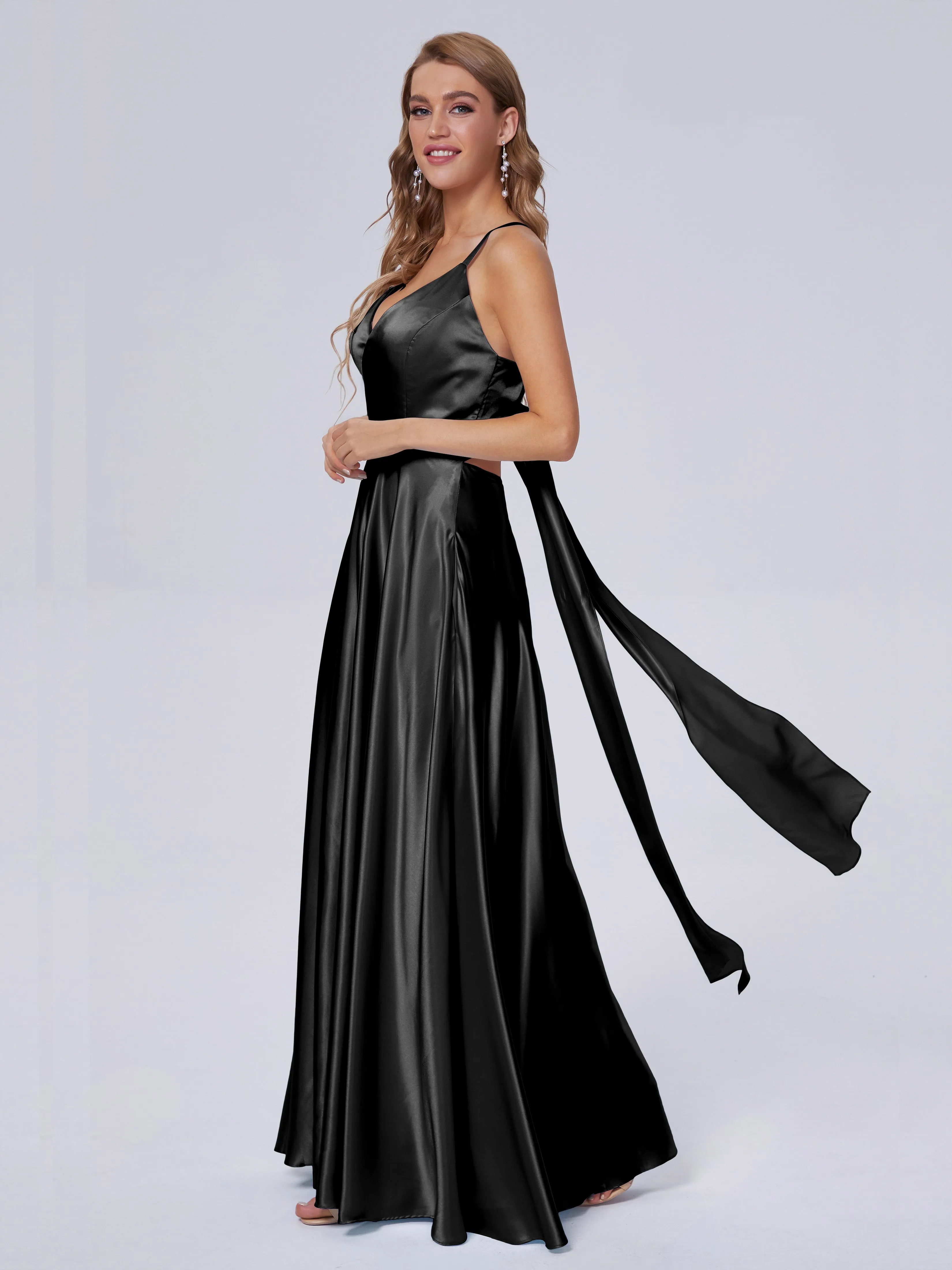 Ana Flowy Straps Soft Satin Long Bridesmaid Dresses