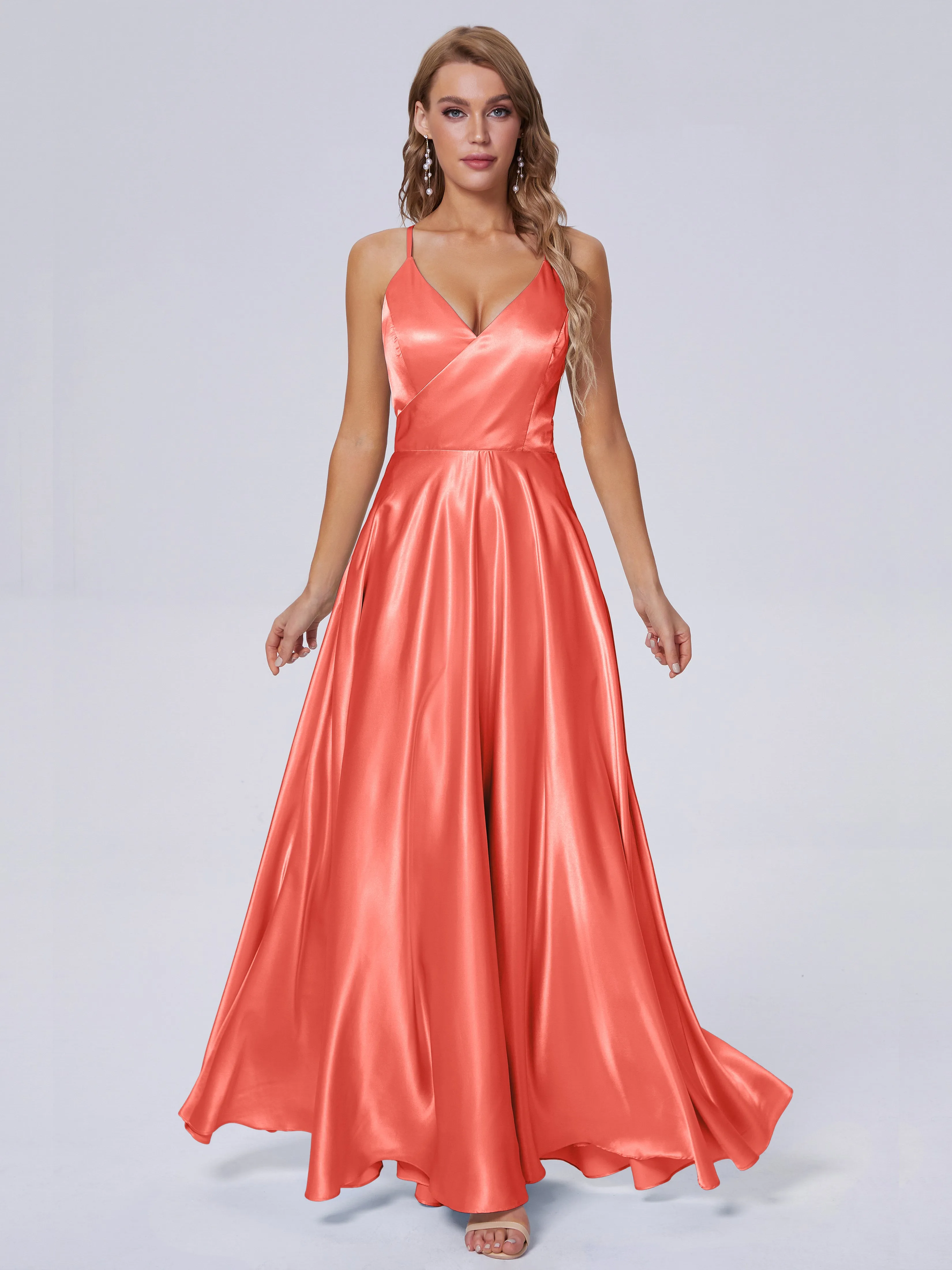 Ana Flowy Straps Soft Satin Long Bridesmaid Dresses
