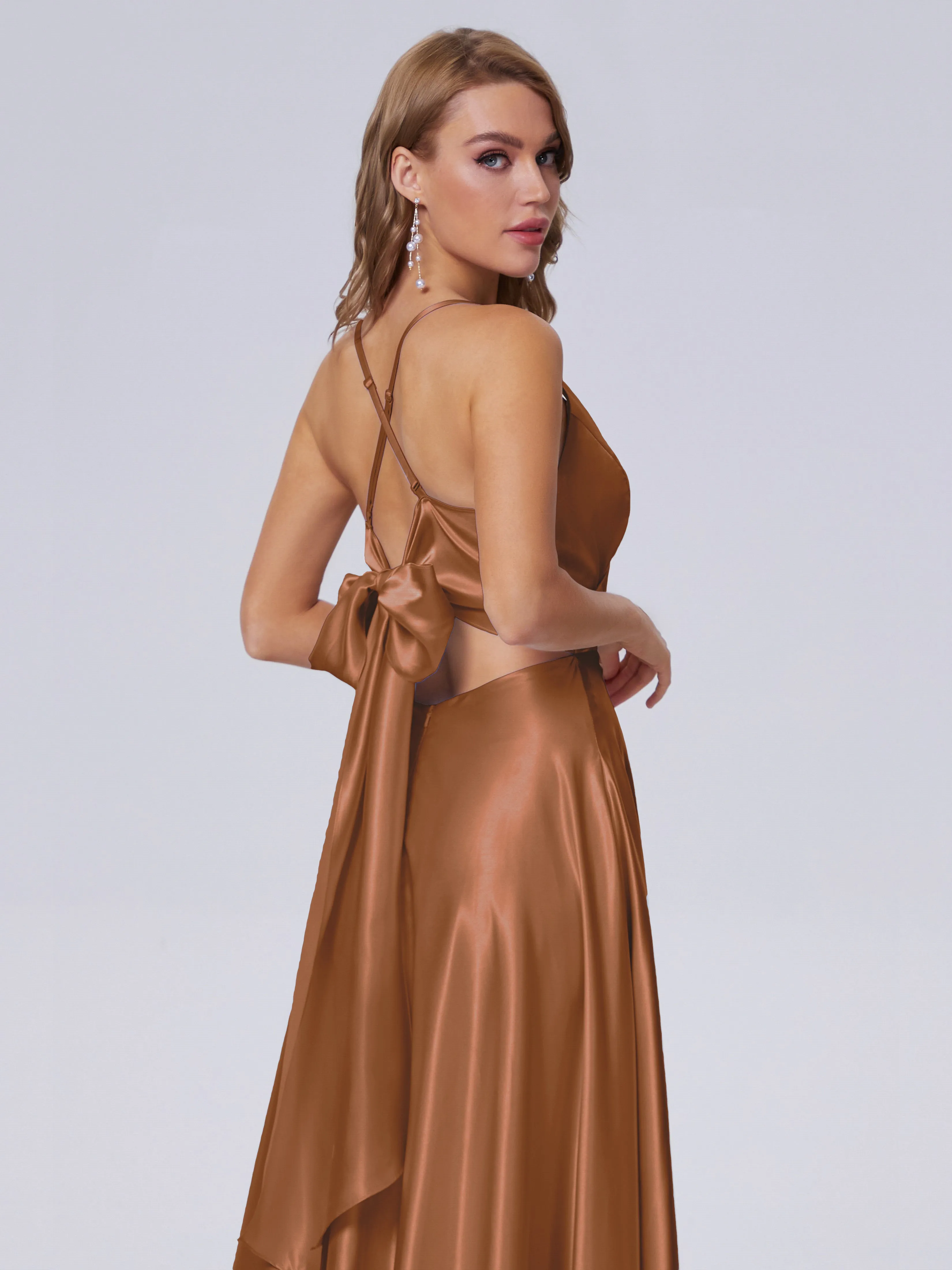 Ana Flowy Straps Soft Satin Long Bridesmaid Dresses