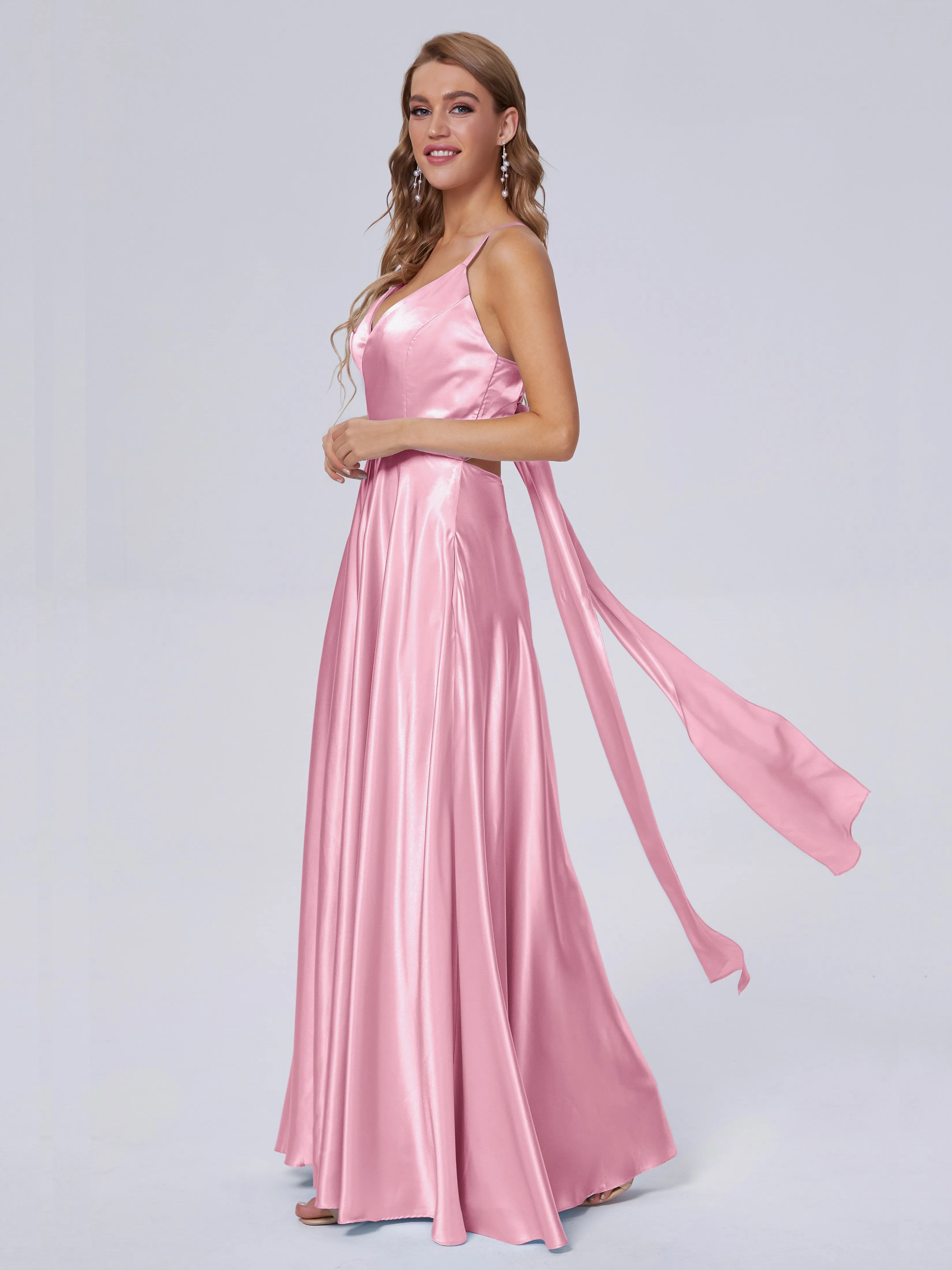 Ana Flowy Straps Soft Satin Long Bridesmaid Dresses