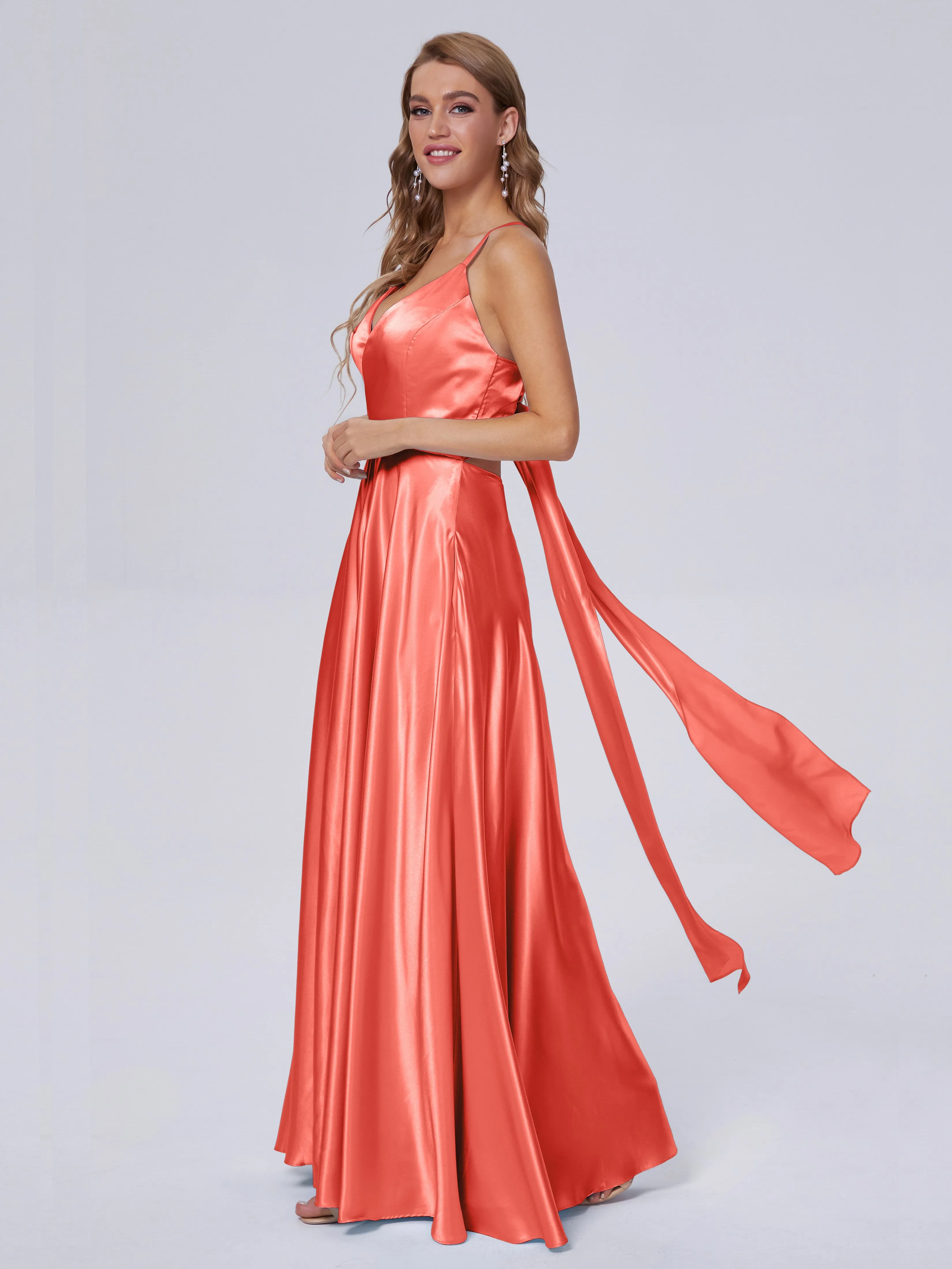 Ana Flowy Straps Soft Satin Long Bridesmaid Dresses