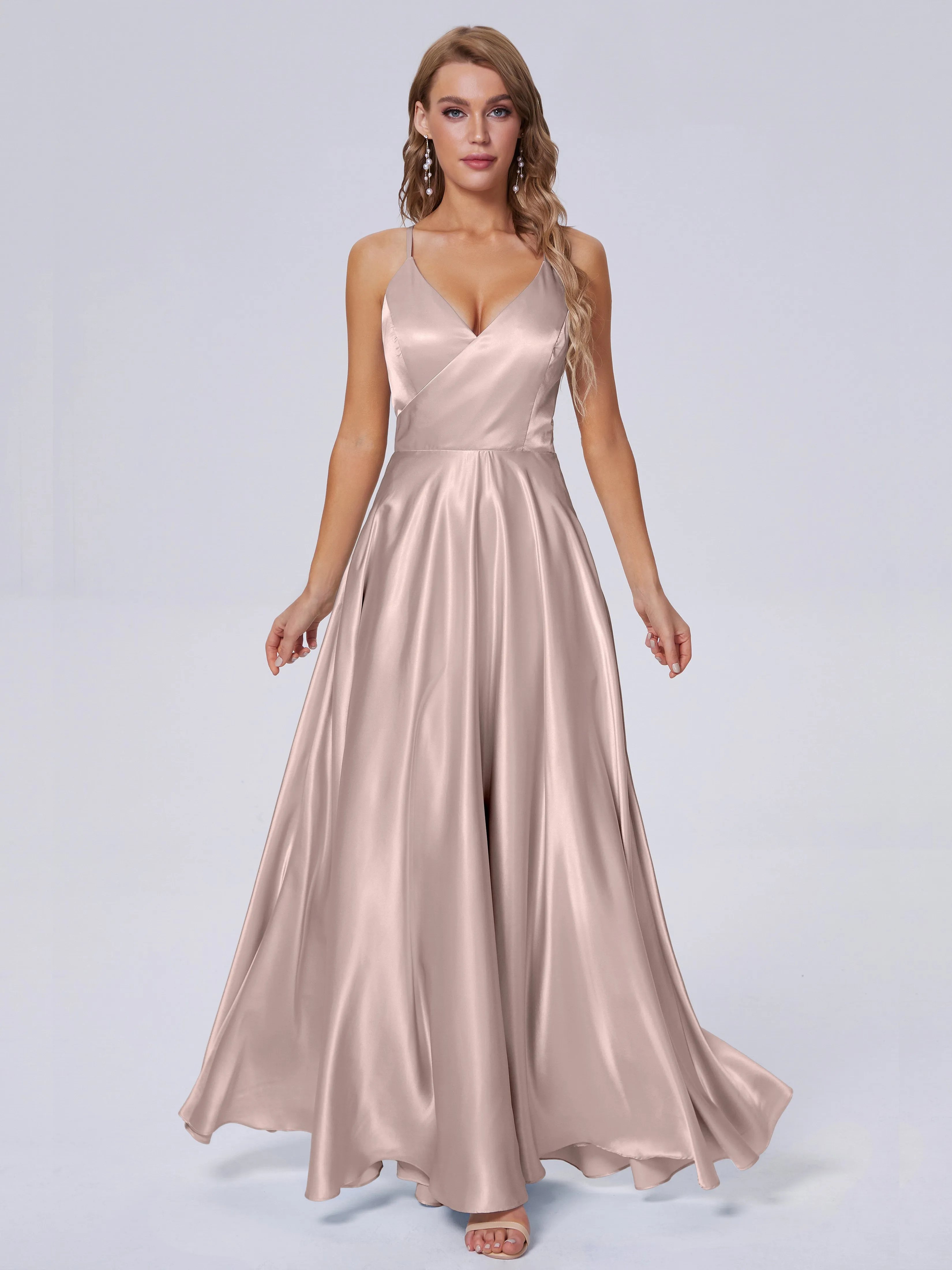 Ana Flowy Straps Soft Satin Long Bridesmaid Dresses