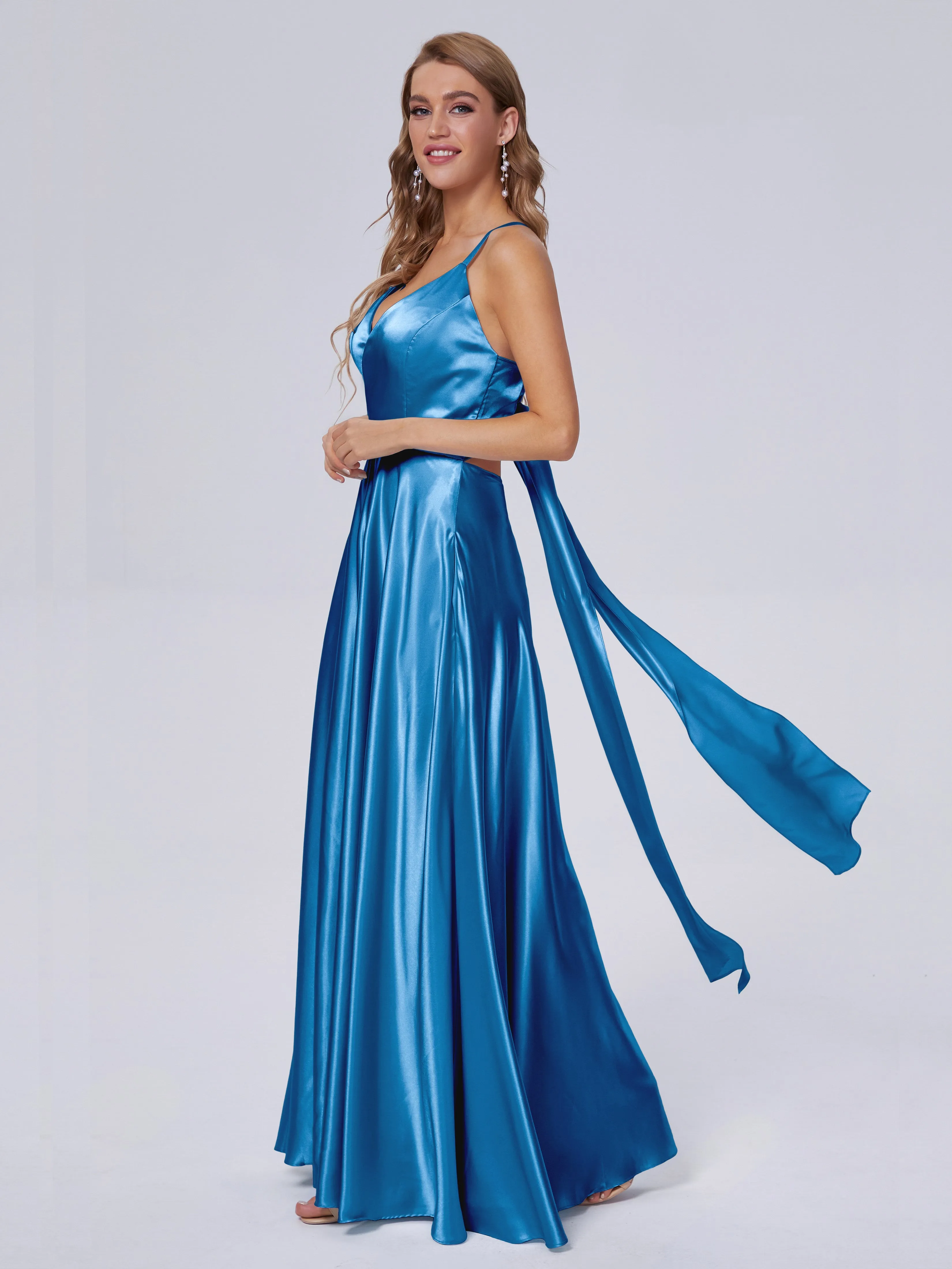 Ana Flowy Straps Soft Satin Long Bridesmaid Dresses