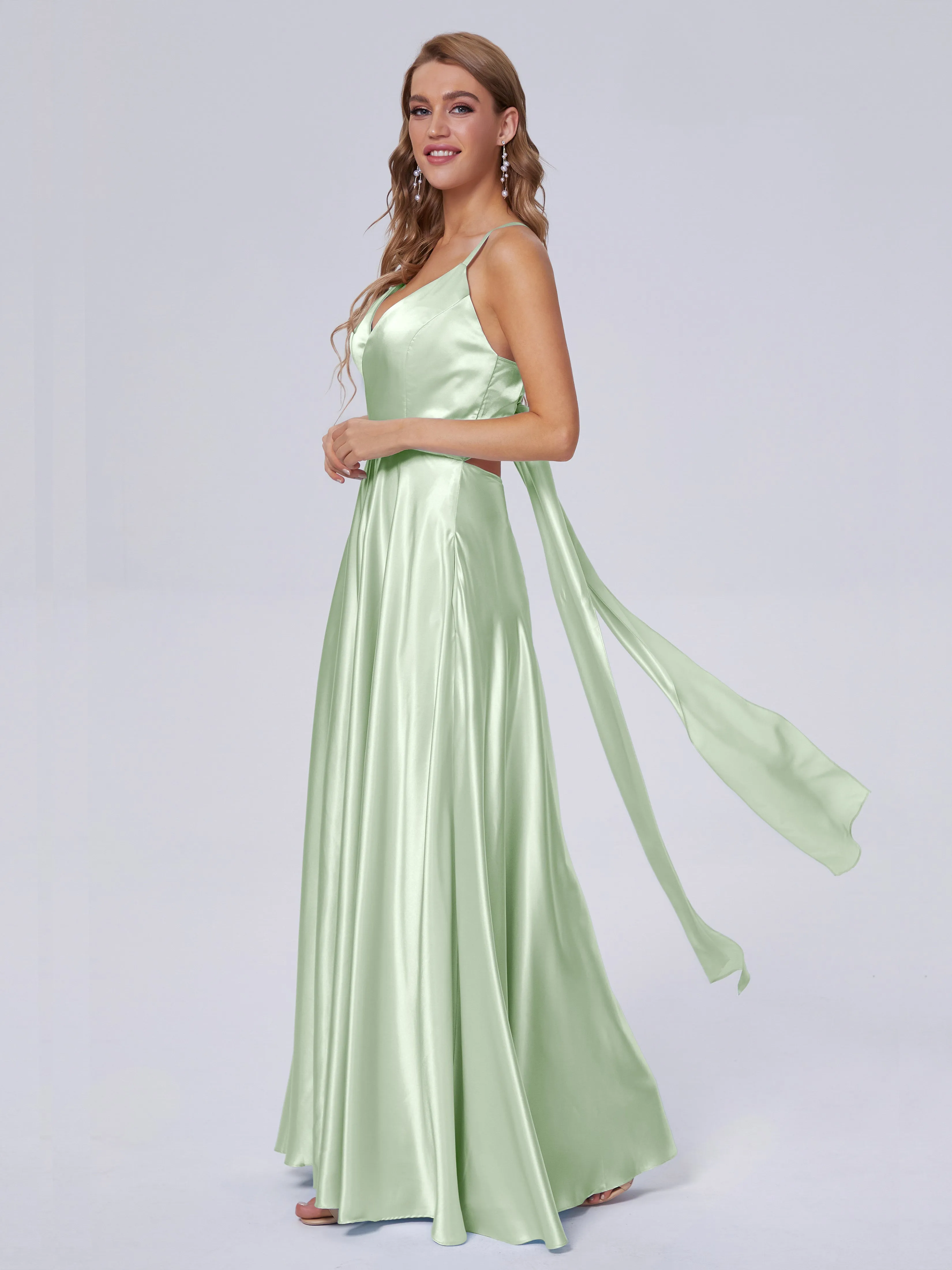 Ana Flowy Straps Soft Satin Long Bridesmaid Dresses