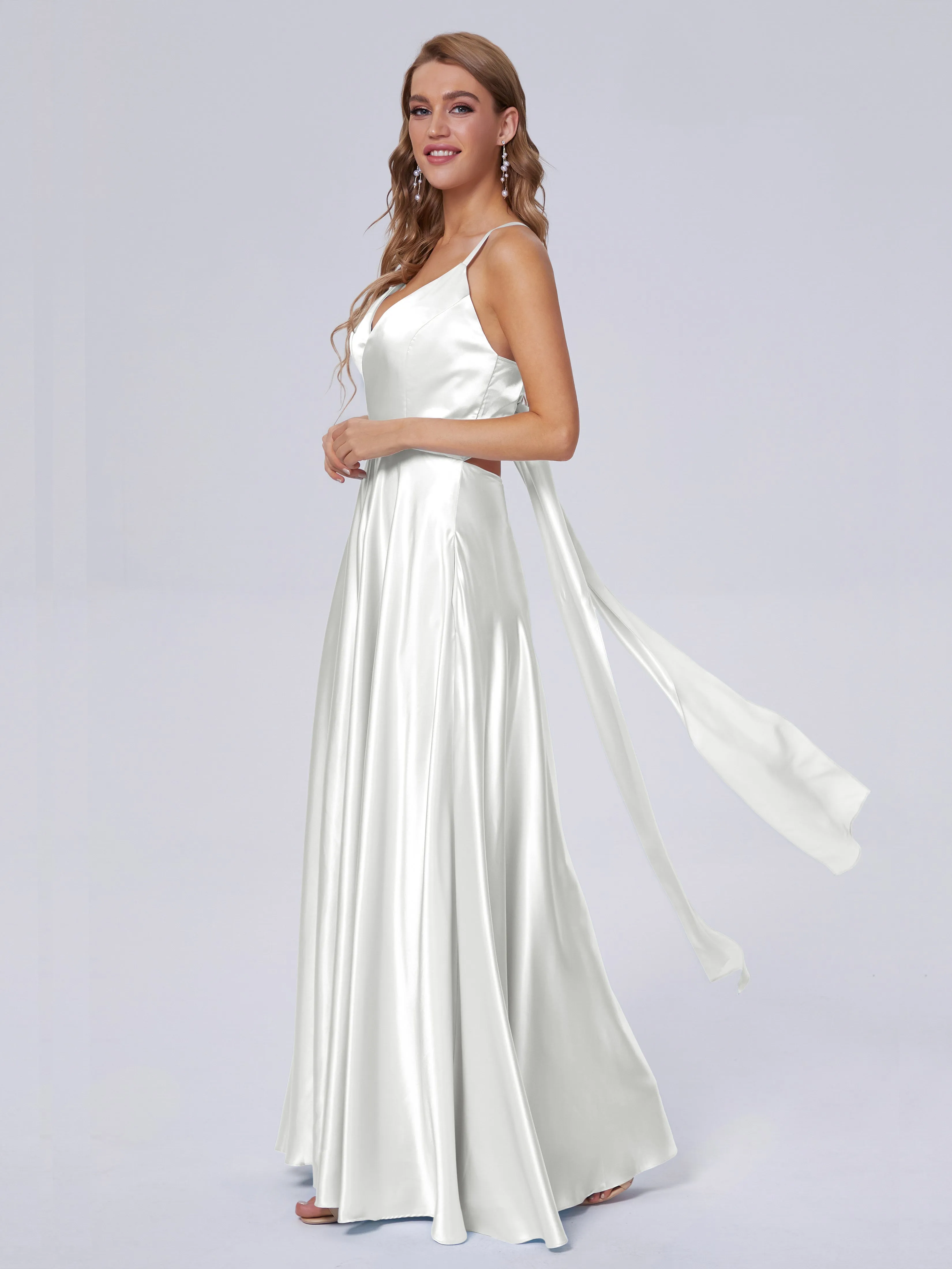 Ana Flowy Straps Soft Satin Long Bridesmaid Dresses