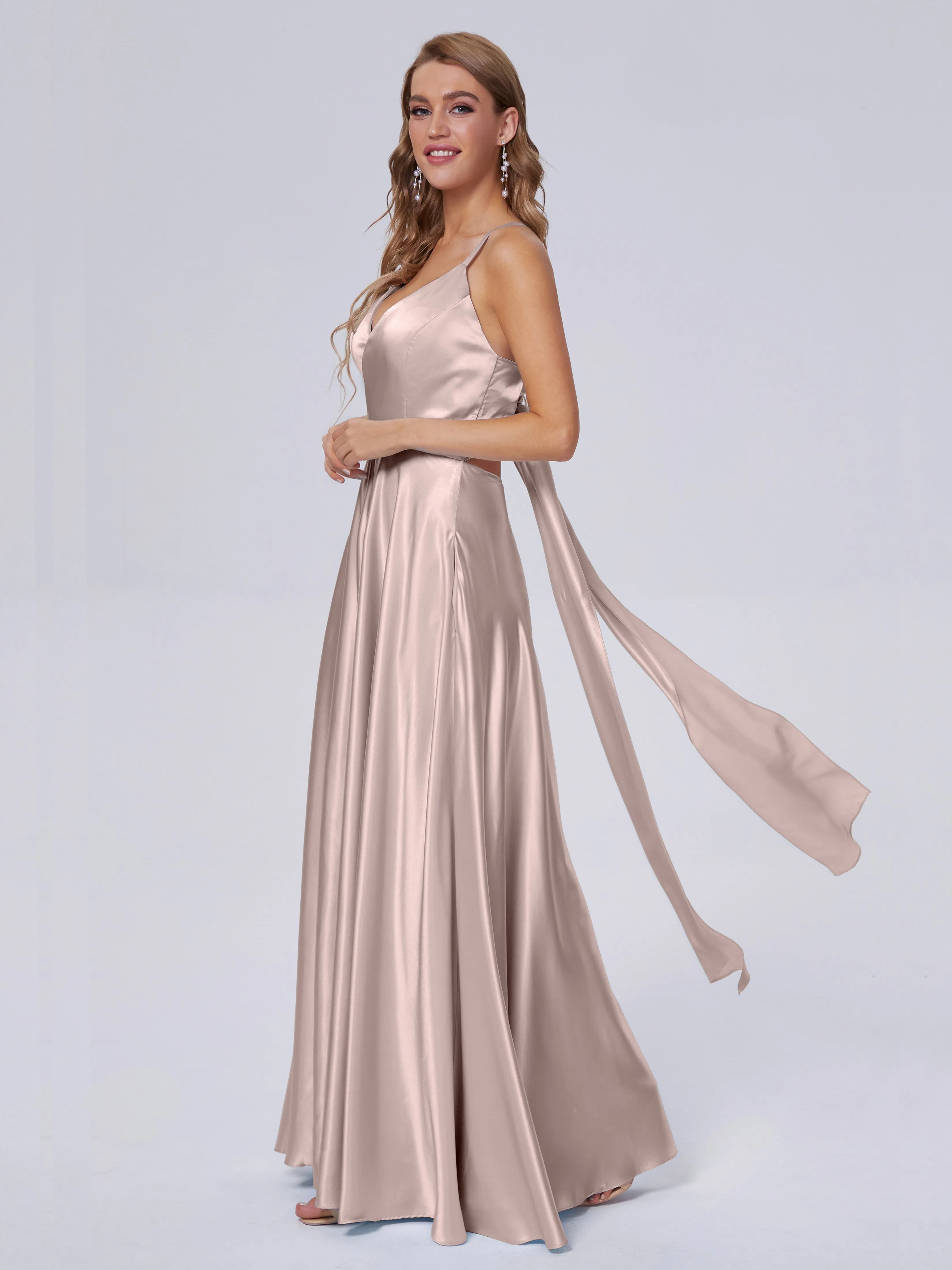 Ana Flowy Straps Soft Satin Long Bridesmaid Dresses