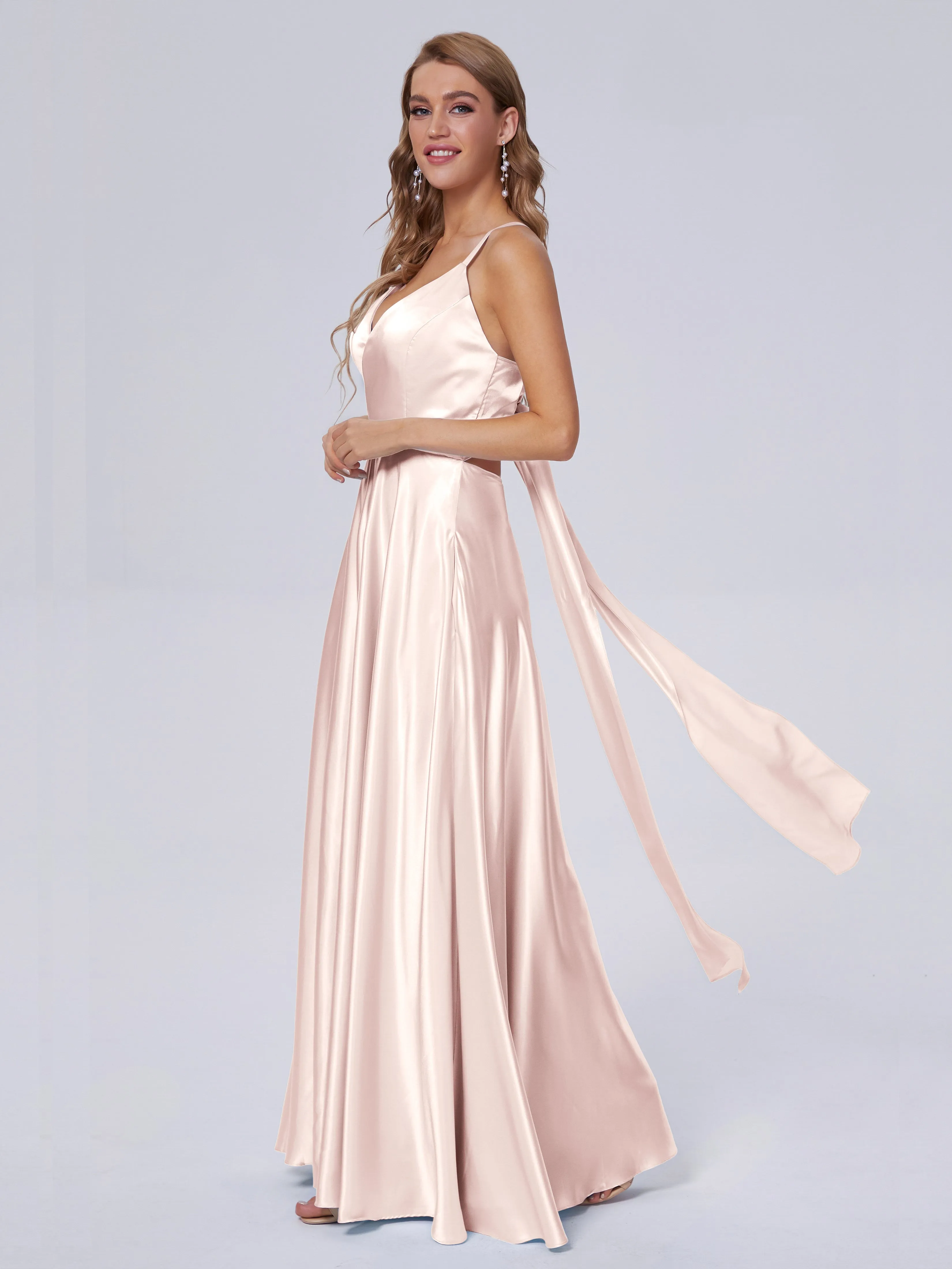 Ana Flowy Straps Soft Satin Long Bridesmaid Dresses